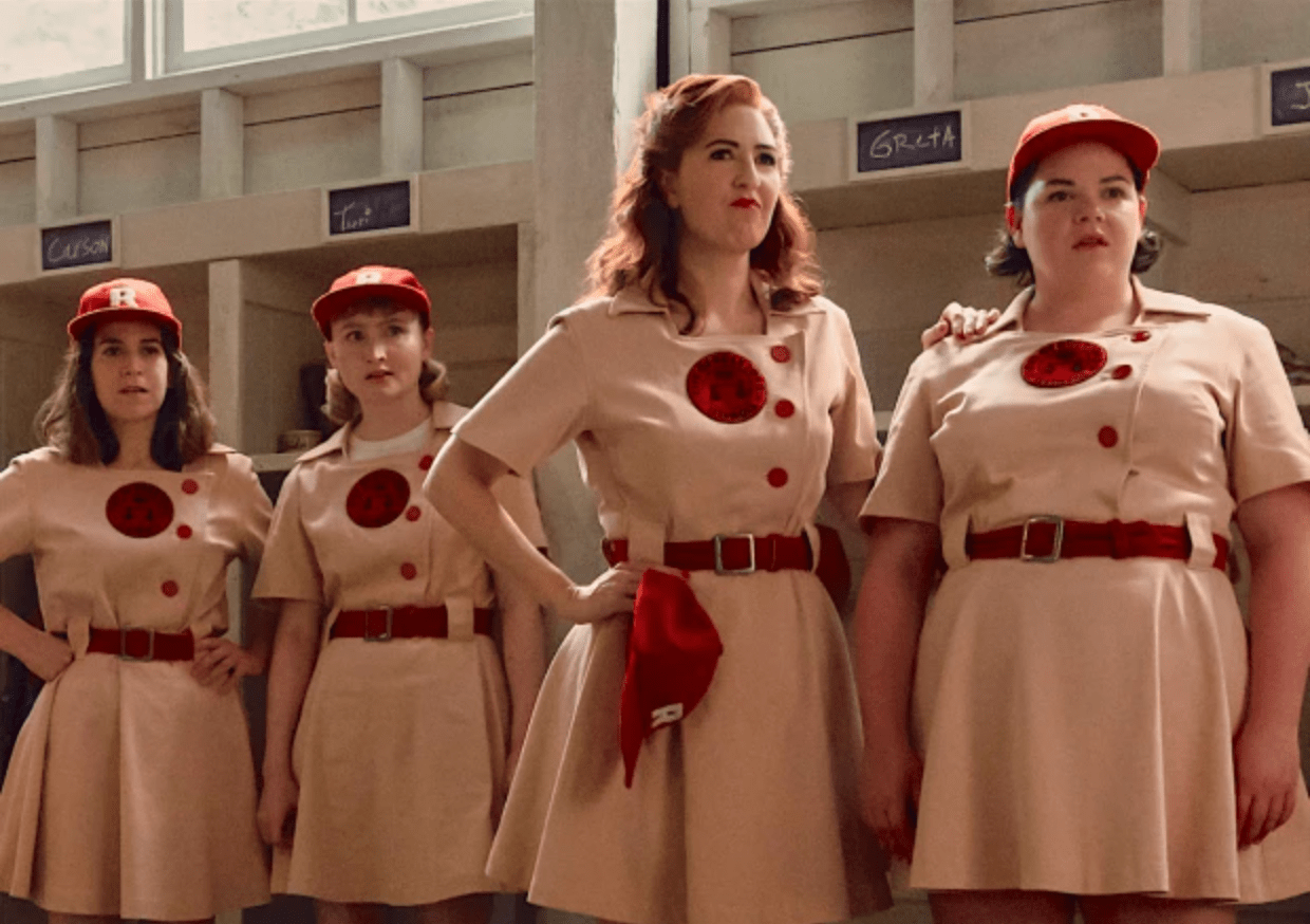 The cast of Amazon's "A League Of Their Own" series, seen here looking determined in their Rockford Peaches uniforms.
