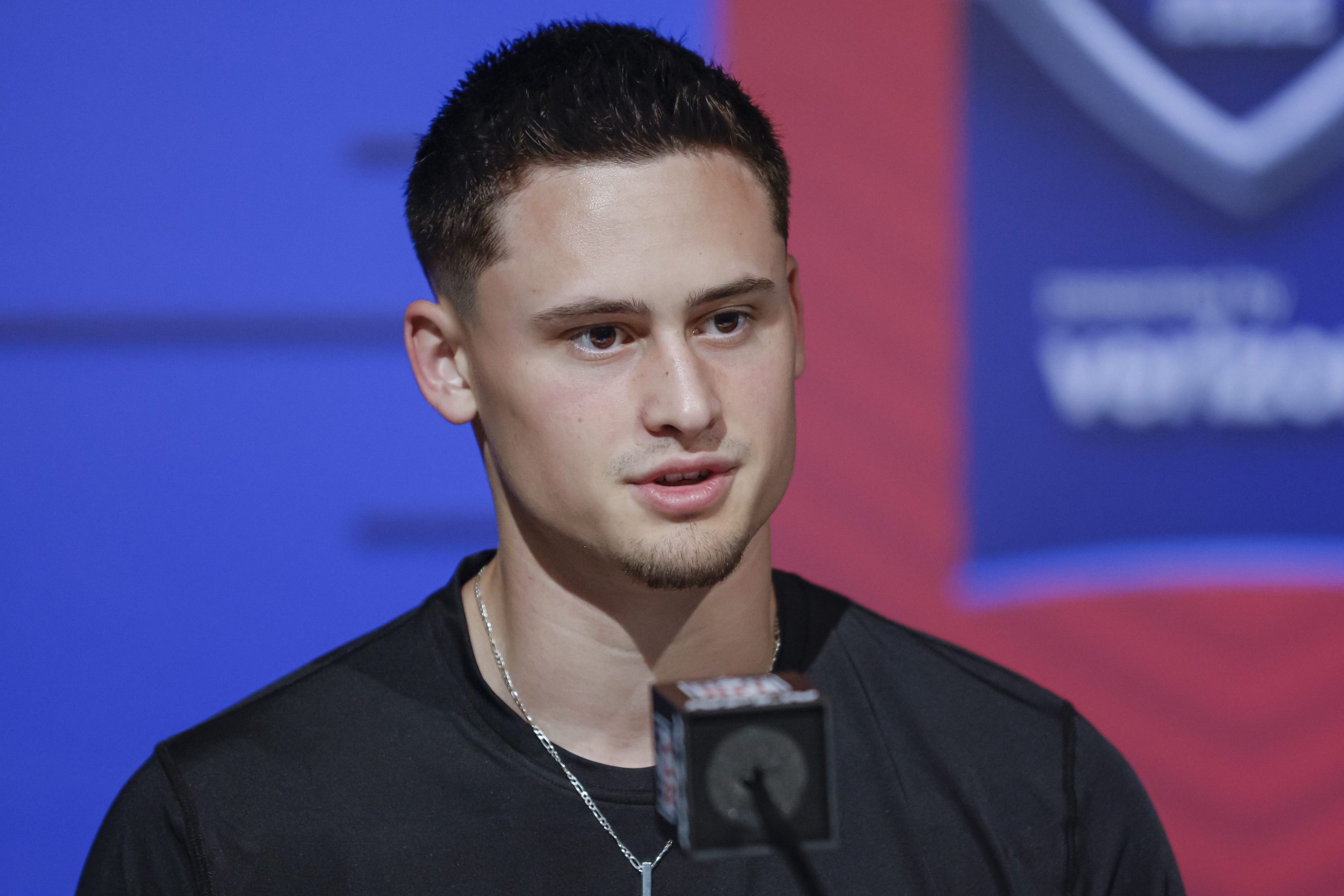Matt Araiza of the San Diego State Aztecs speaks to reporters during the NFL Draft Combine at the Indiana Convention Center on March 5, 2022 in Indianapolis, Indiana.