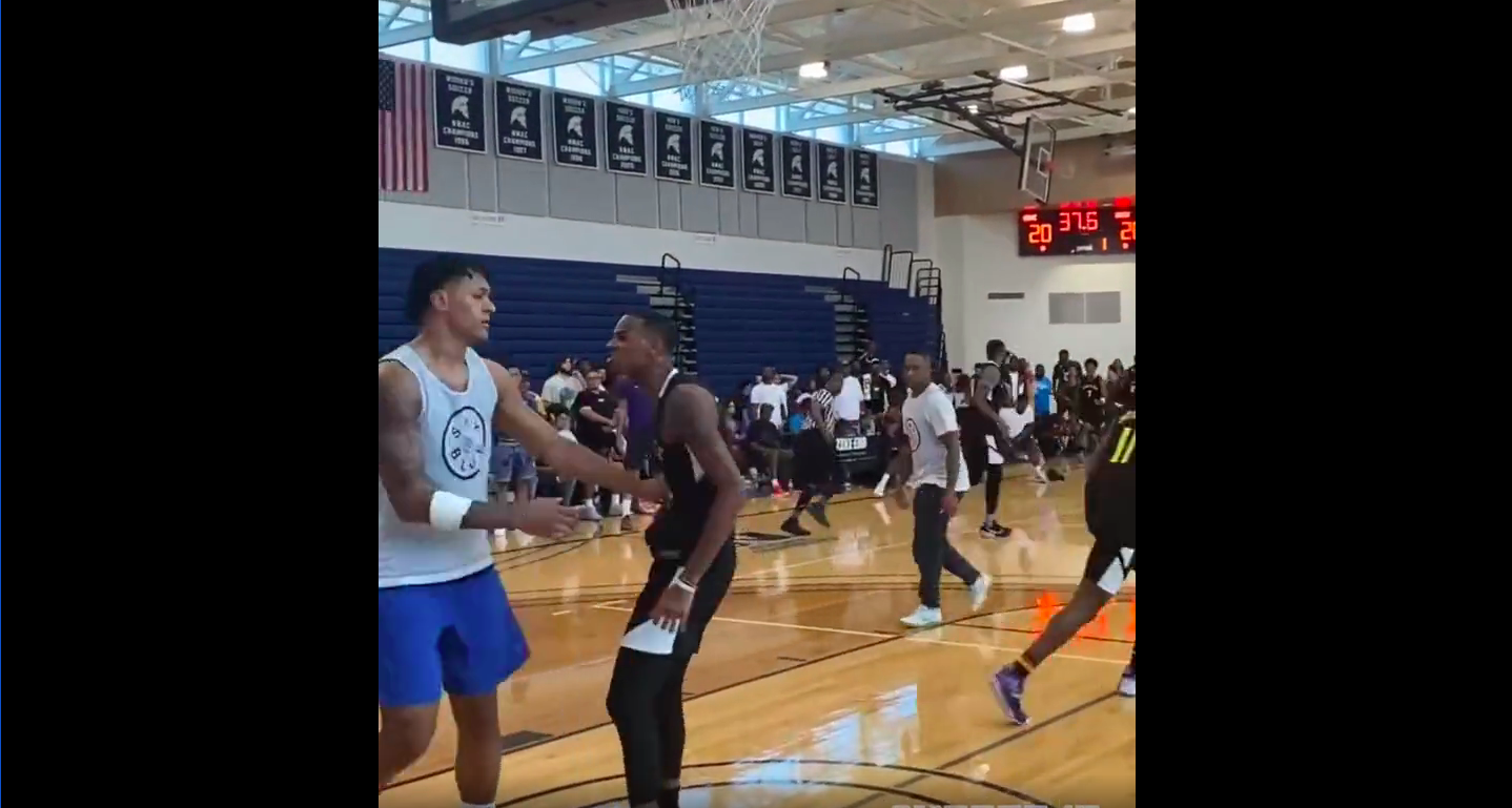 Dejounte Murray yells at Paolo Banchero during a pro-am game in Seattle.