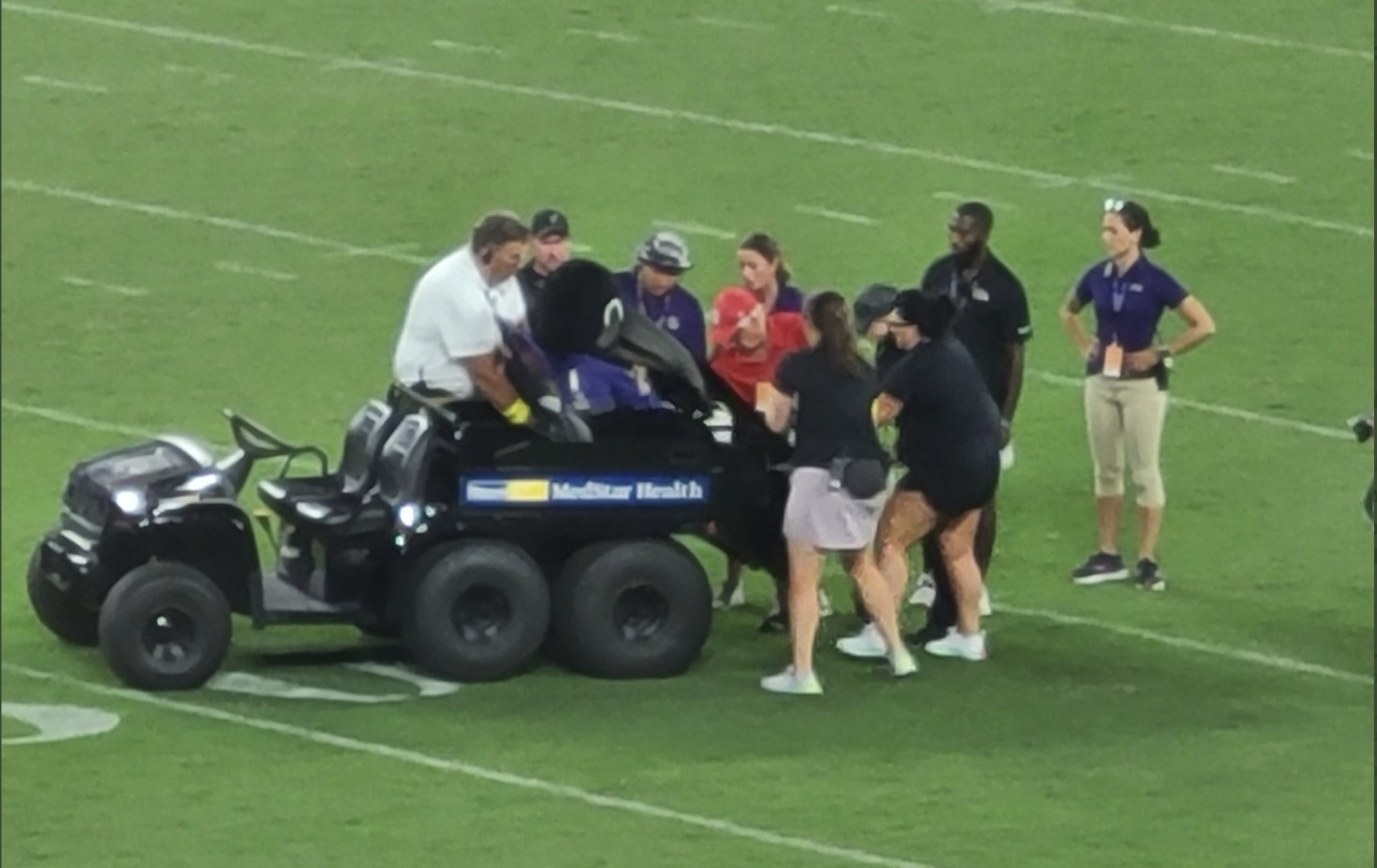 Ravens' mascot carted off at halftime with apparent injury