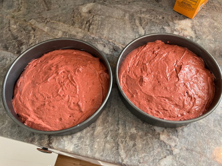 cake batter in pans ready for baking