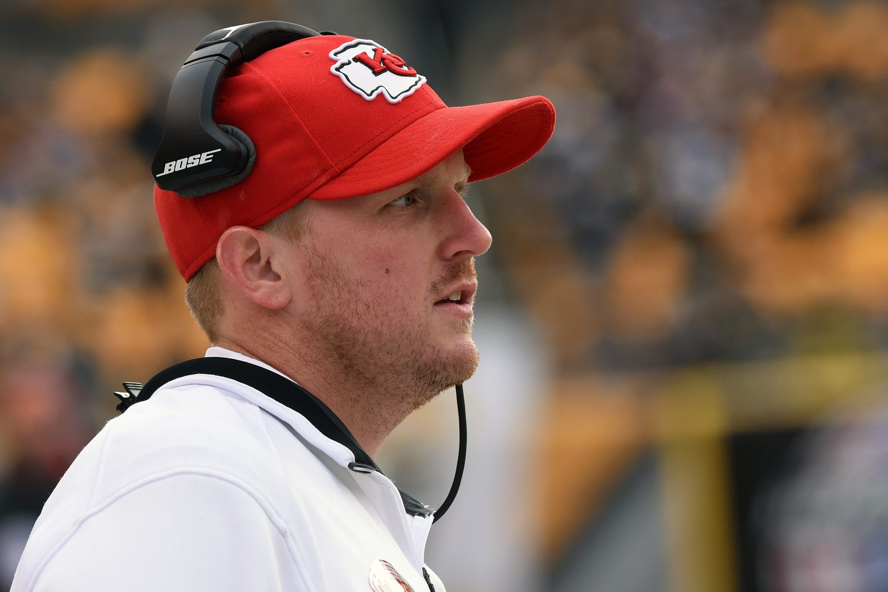 Then-Quality control coach Britt Reid of the Kansas City Chiefs looks on from the sideline before a game against the Pittsburgh Steelers at Heinz Field on December 21, 2014 in Pittsburgh, Pennsylvania.