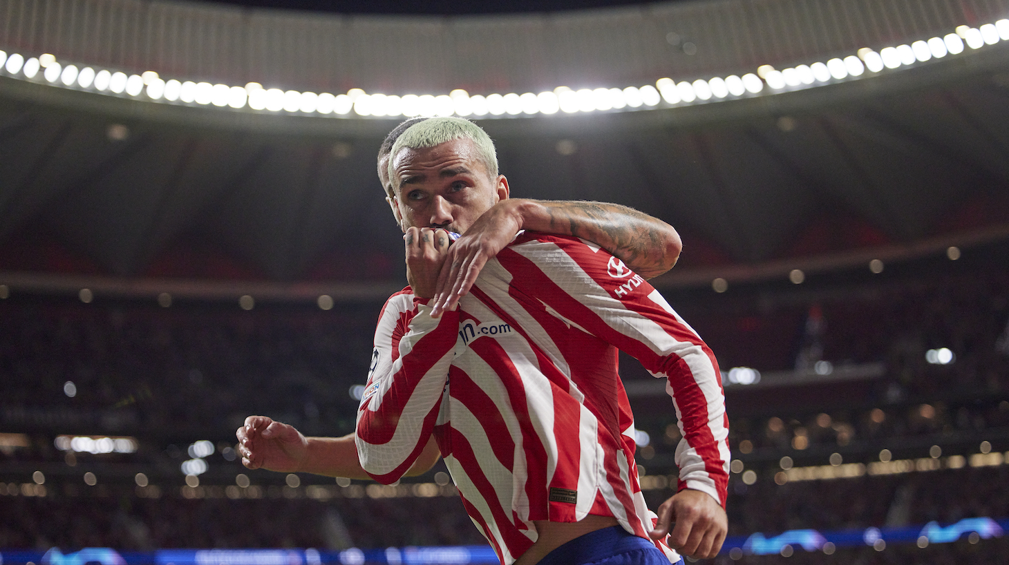 Antoine Griezmann of Atletico de Madrid celebrates after scoring his teams second goal during the UEFA Champions League group B match between Atletico Madrid and FC Porto at Civitas Metropolitano Stadium on September 7, 2022 in Madrid, Spain.