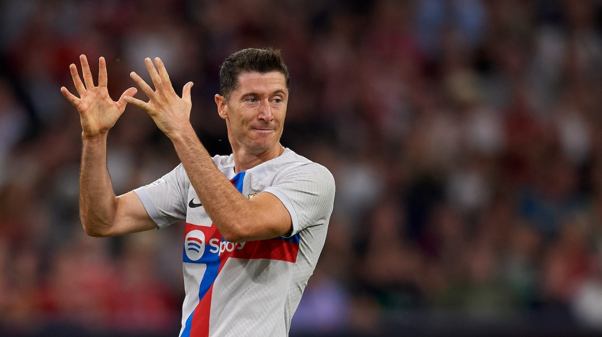 Robert Lewandowski centre-forward of Barcelona and Poland lament a failed occasion during the UEFA Champions League group C match between FC Bayern München and FC Barcelona at Allianz Arena on September 13, 2022 in Munich, Germany.