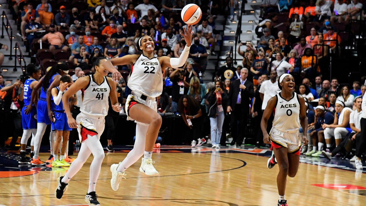 The Las Vegas Aces celebrate after Game 4 of the 2022 WNBA Finals on September 18, 2022 at Mohegan Sun Arena in Uncasville, Connecticut.