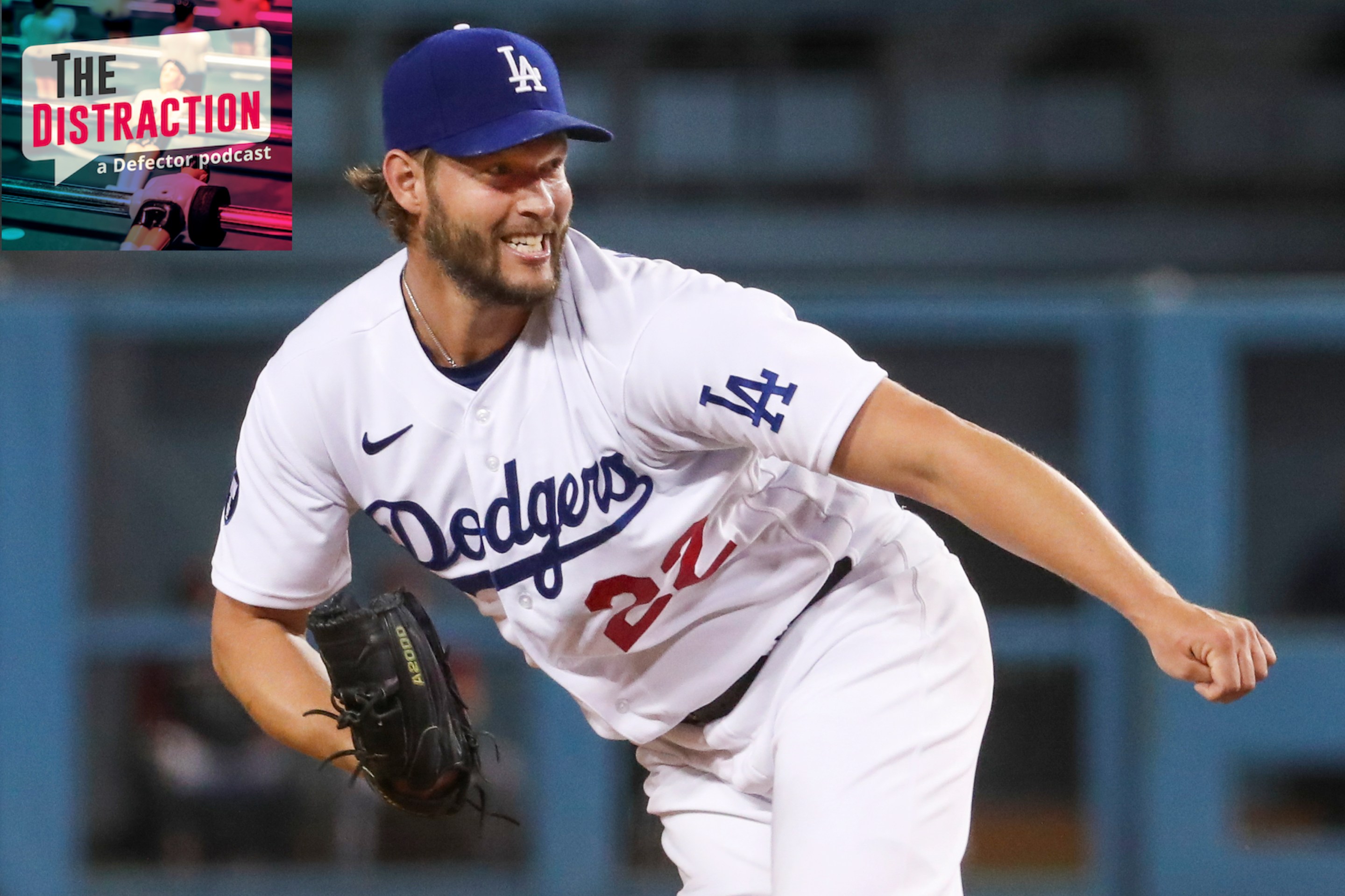 Clayton Kershaw, either smiling or grimacing after throwing a pitch against the Diamondbacks in a Dodgers win in September of 2022.
