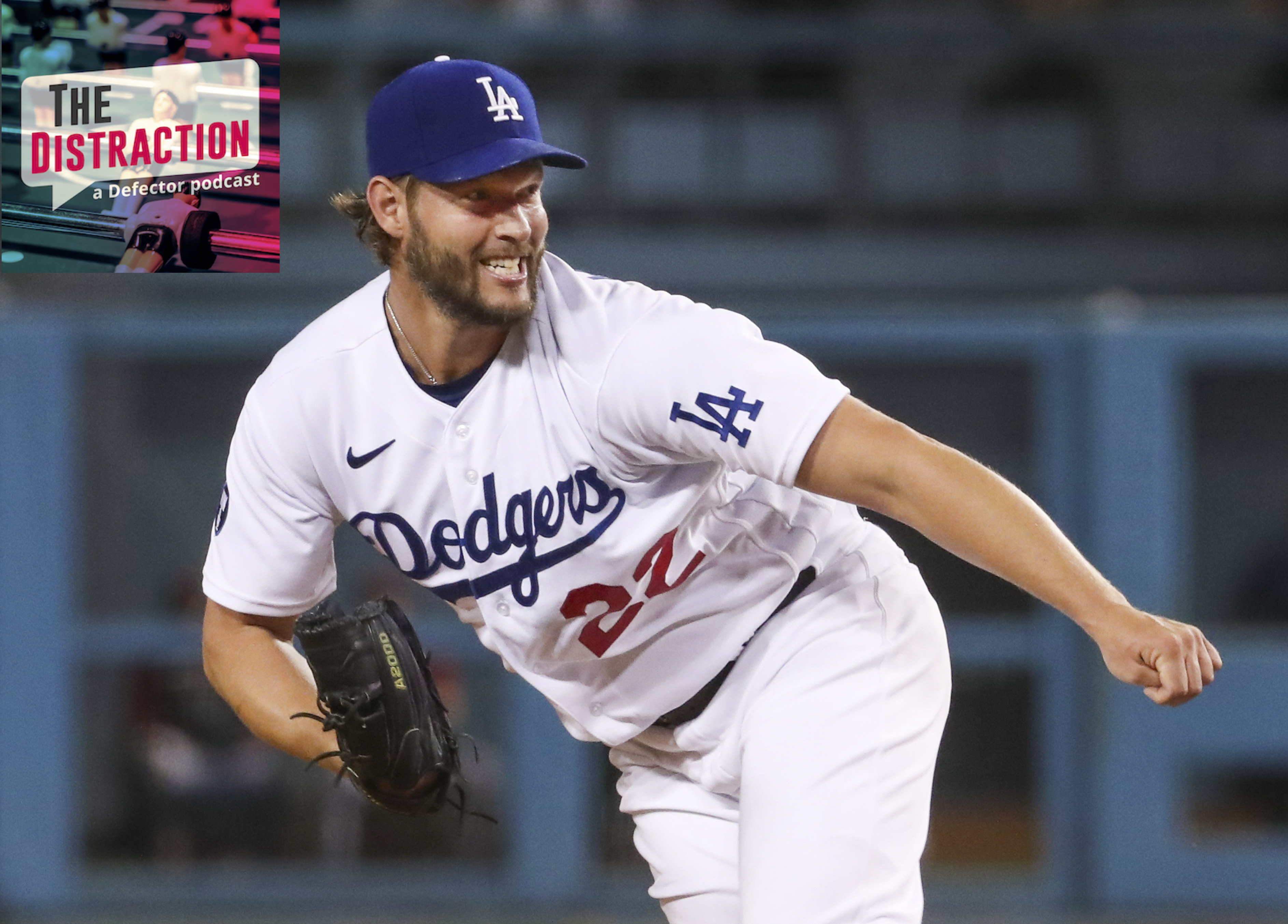 Clayton Kershaw, either smiling or grimacing after throwing a pitch against the Diamondbacks in a Dodgers win in September of 2022.