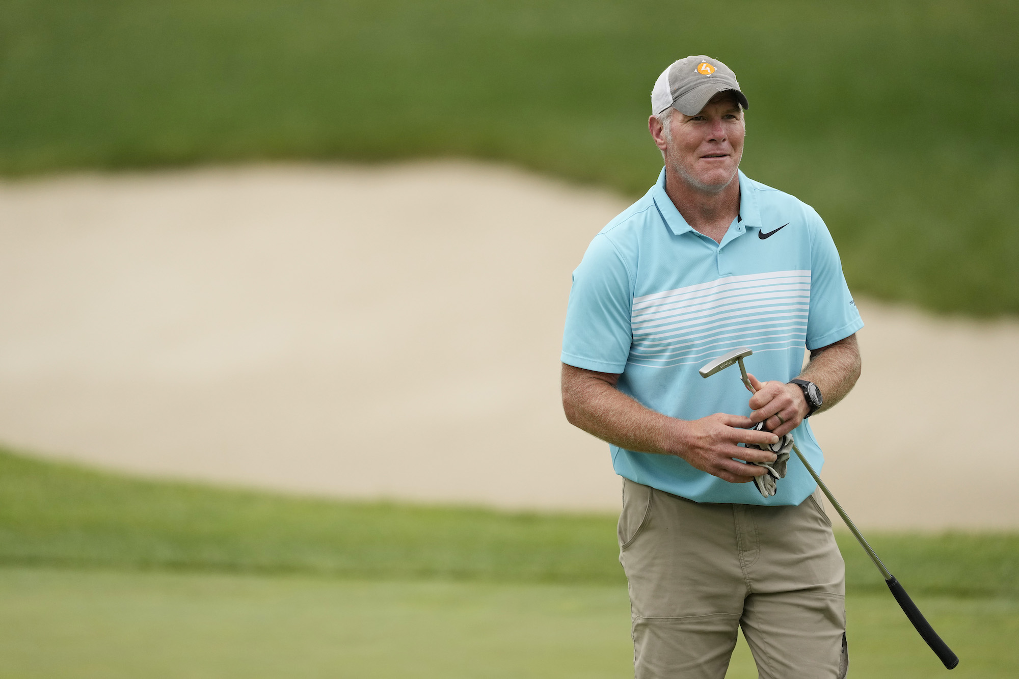 MADISON, WISCONSIN - JUNE 11: Former NFL player Brett Favre stands on the 14th green during the Celebrity Foursome at the second round of the American Family Insurance Championship at University Ridge Golf Club on June 11, 2022 in Madison, Wisconsin. (Photo by Patrick McDermott/Getty Images)