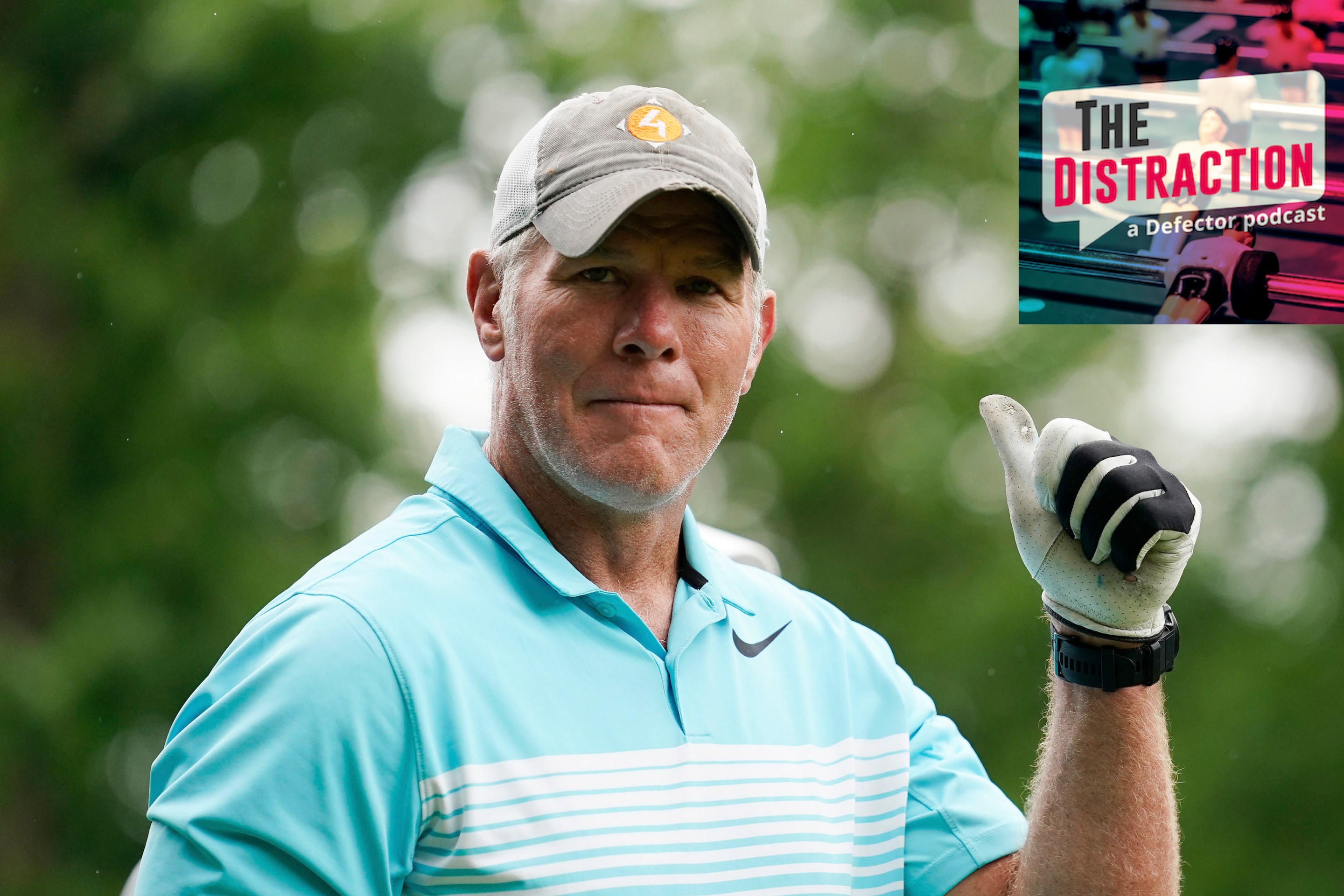 Brett Favre gives the camera a thumbs up while playing in the American Family Insurance Championship golf event in Wisconsin, in June of 2022.