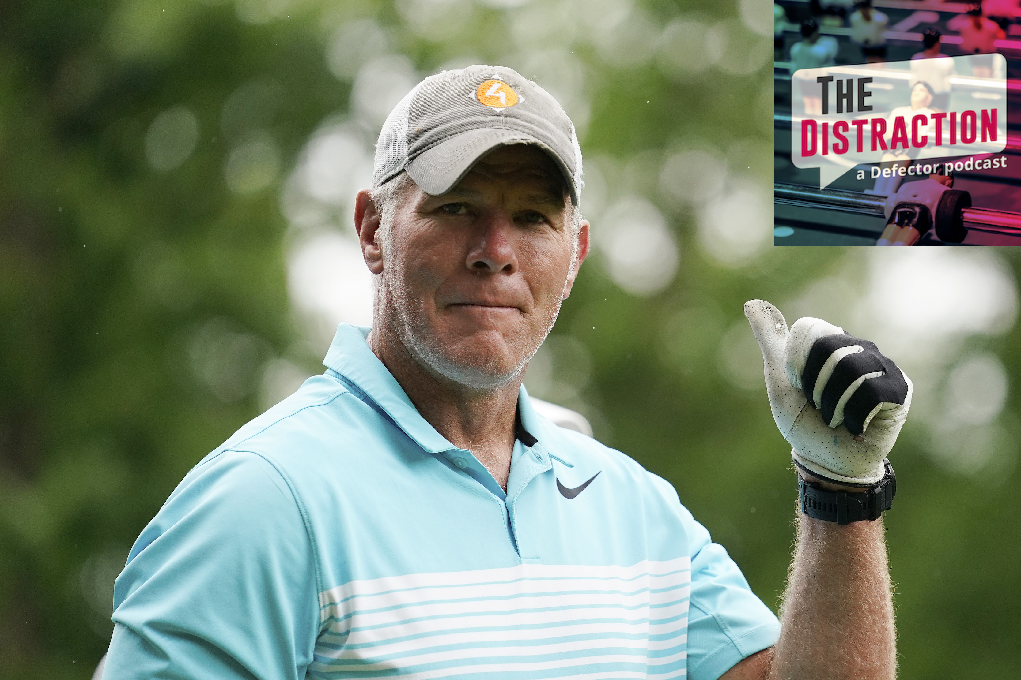 Brett Favre gives the camera a thumbs up while playing in the American Family Insurance Championship golf event in Wisconsin, in June of 2022.
