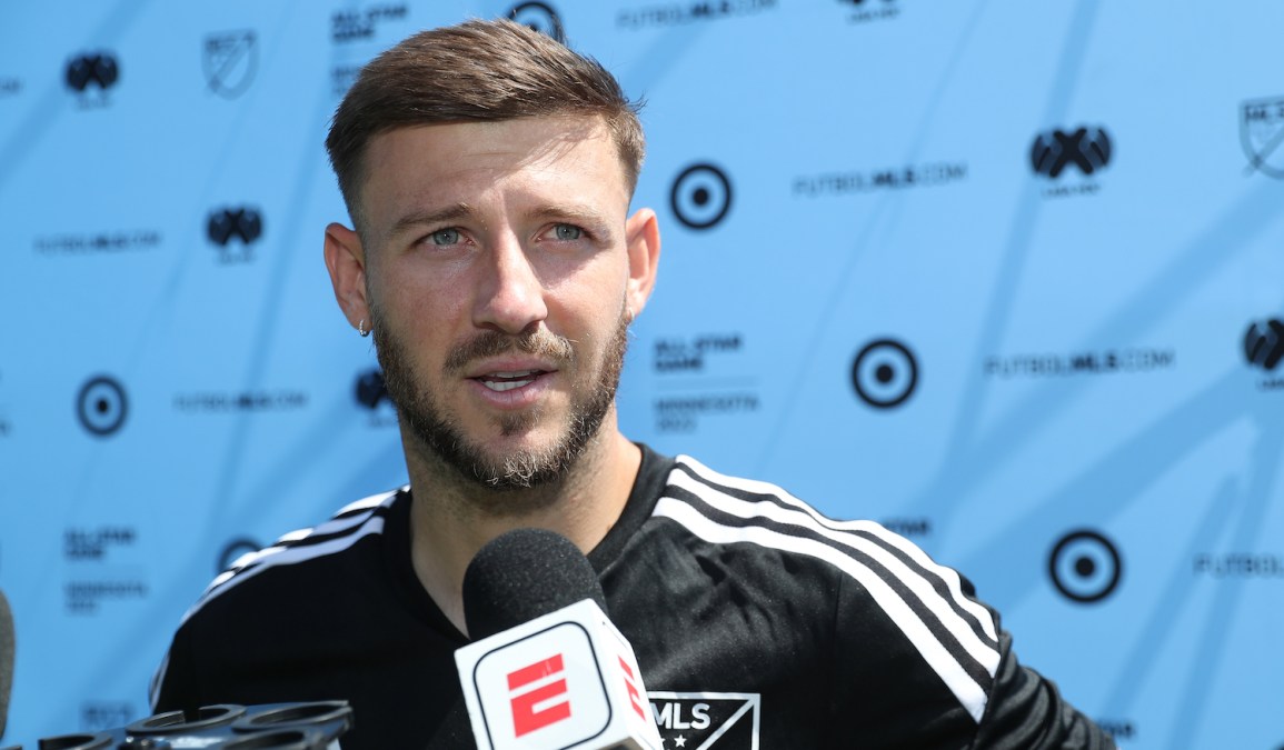 ST PAUL, MN - AUGUST 09: Paul Arriola attends a mix zone during a training session ahead of the MLS All Stars and Liga MX All Stars game at National Sports Center on August 9, 2022 in St Paul, Minnesota. (Photo by Omar Vega/Getty Images)