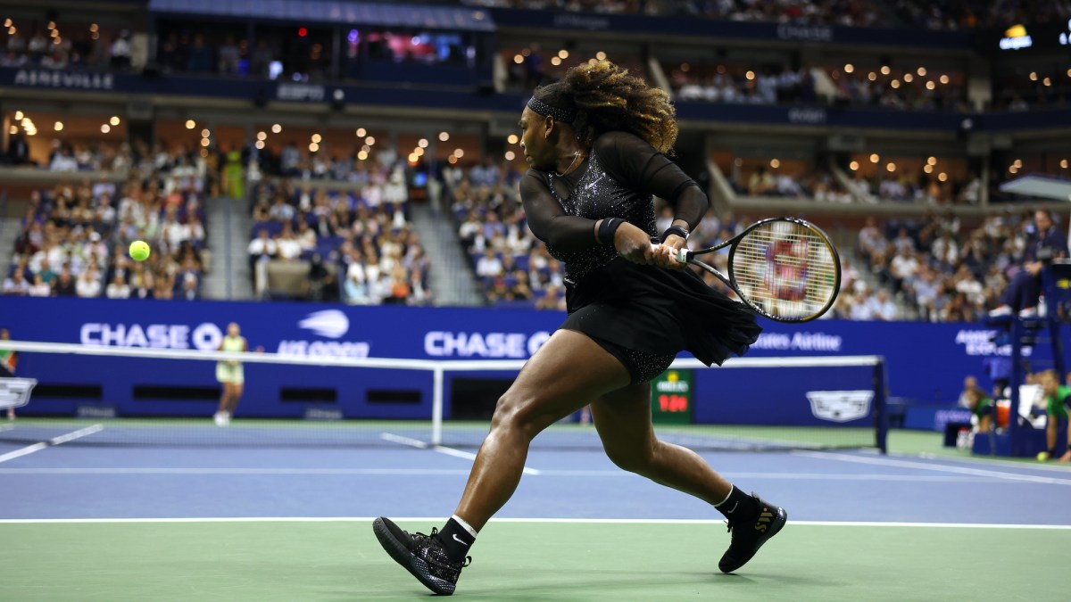 Serena Williams of the United States plays a backhand against Anett Kontaveit of Estonia in their Women's Singles Second Round match on Day Three of the 2022 US Open at USTA Billie Jean King National Tennis Center on August 31, 2022 in the Flushing neighborhood of the Queens borough of New York City.