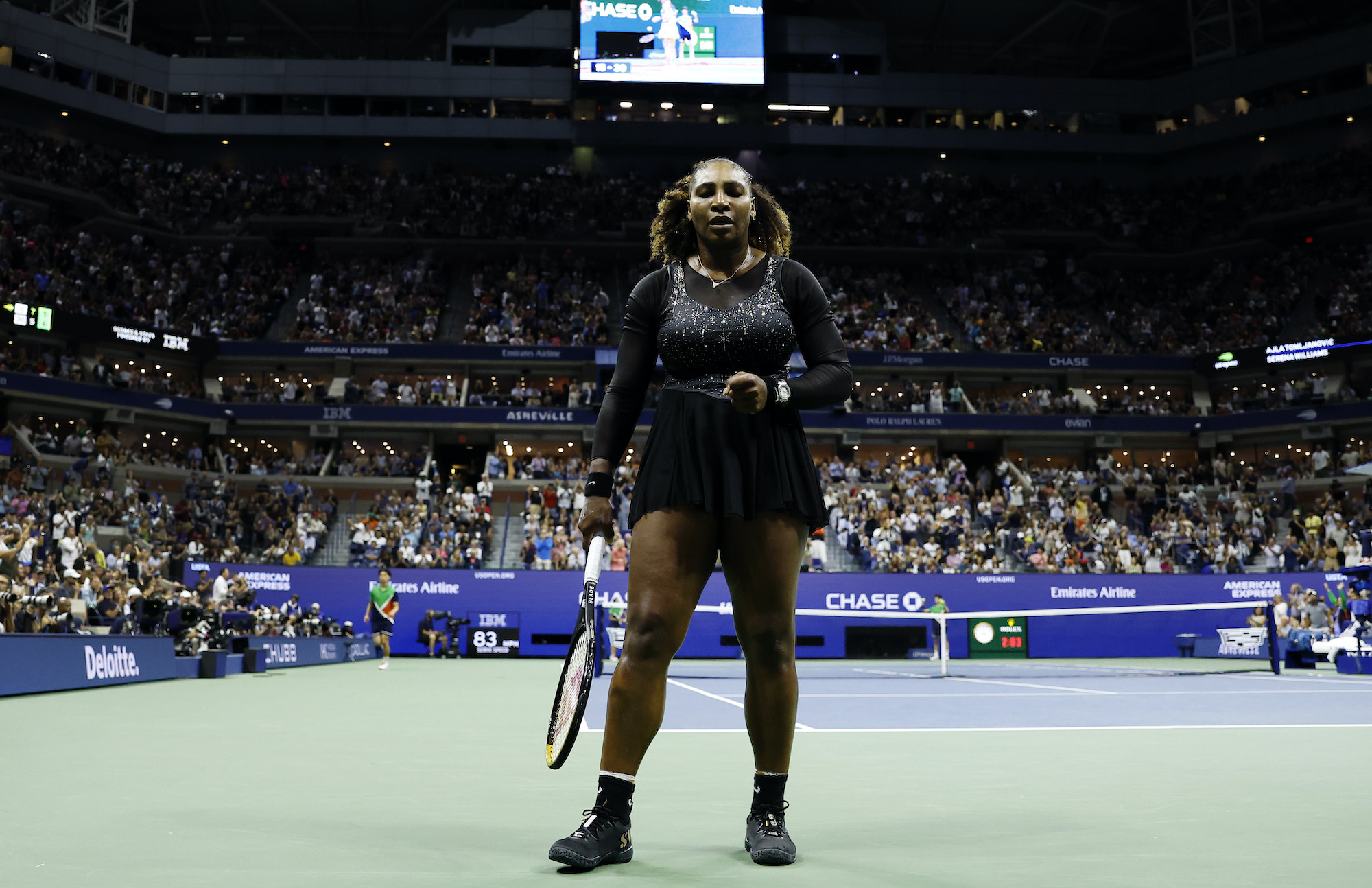 Serena Williams of the United States reacts in the third set against Ajla Tomlijanovic of Australia during their Women's Singles Third Round match on Day Five of the 2022 US Open at USTA Billie Jean King National Tennis Center on September 02, 2022.
