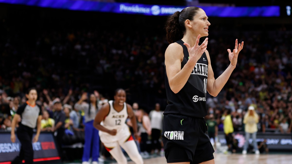 Sue Bird #10 of the Seattle Storm reacts after the Las Vegas Aces tied the game at the end of the fourth quarter of Game Three of the 2022 WNBA Playoffs semifinals at Climate Pledge Arena on September 04, 2022 in Seattle, Washington.