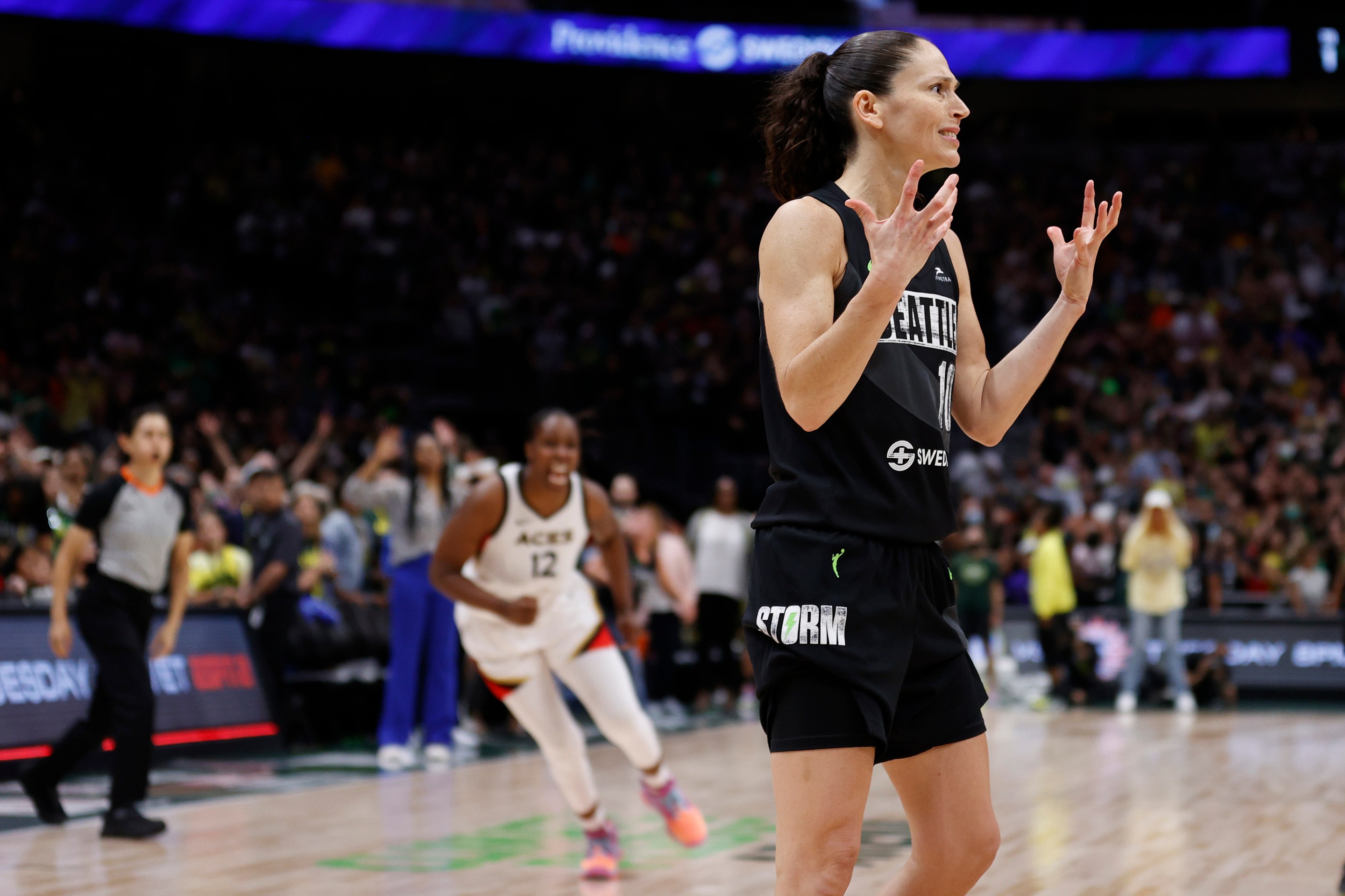 Sue Bird #10 of the Seattle Storm reacts after the Las Vegas Aces tied the game at the end of the fourth quarter of Game Three of the 2022 WNBA Playoffs semifinals at Climate Pledge Arena on September 04, 2022 in Seattle, Washington.