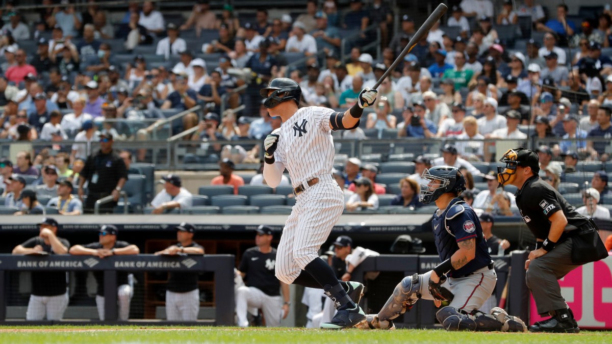NEW YORK, NEW YORK - SEPTEMBER 05: Aaron Judge #99 of the New York Yankees doubles in the first inning against the Minnesota Twins at Yankee Stadium on September 05, 2022 in the Bronx borough of New York City. (Photo by Jim McIsaac/Getty Images)