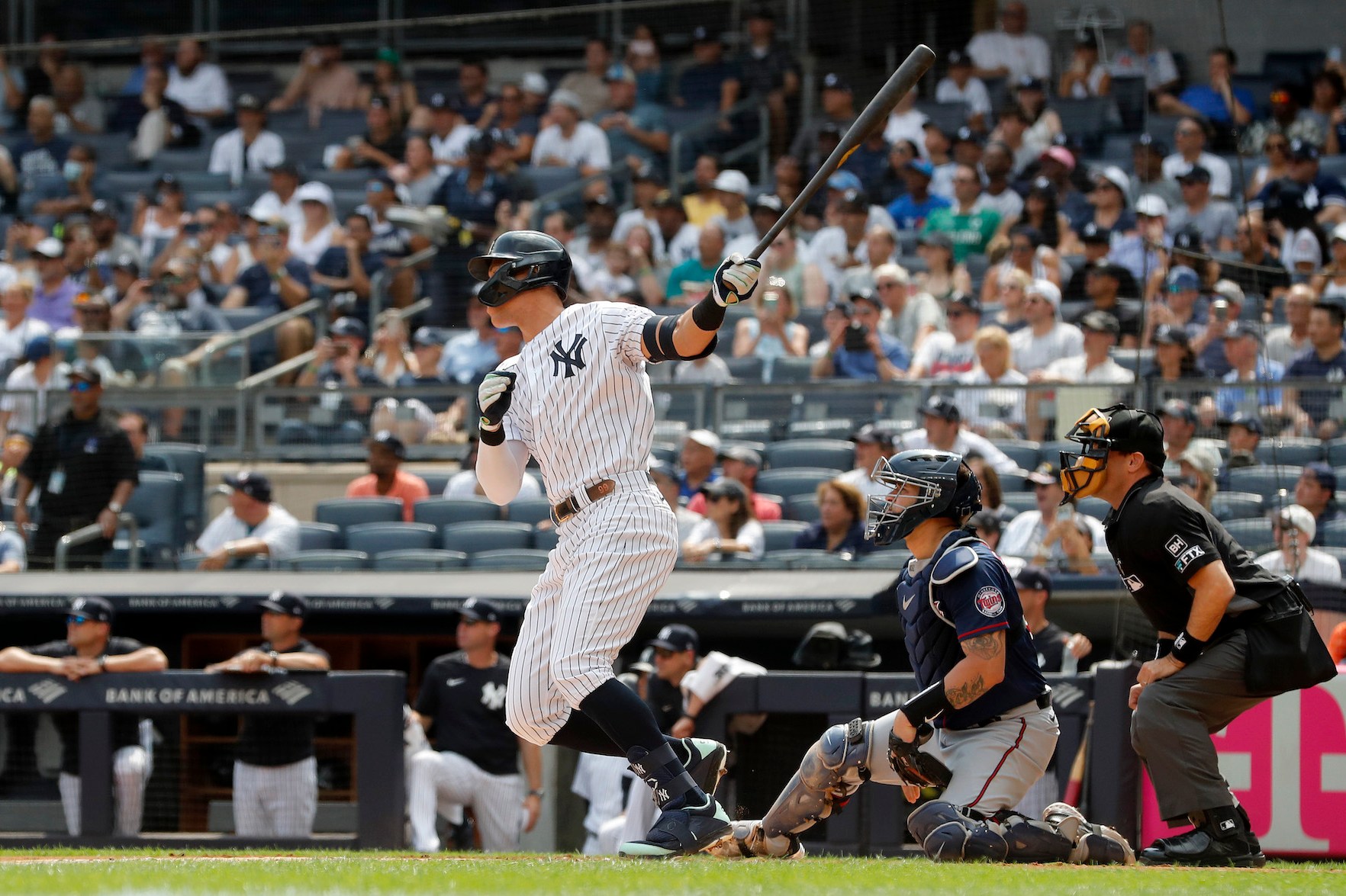 NEW YORK, NEW YORK - SEPTEMBER 05: Aaron Judge #99 of the New York Yankees doubles in the first inning against the Minnesota Twins at Yankee Stadium on September 05, 2022 in the Bronx borough of New York City. (Photo by Jim McIsaac/Getty Images)