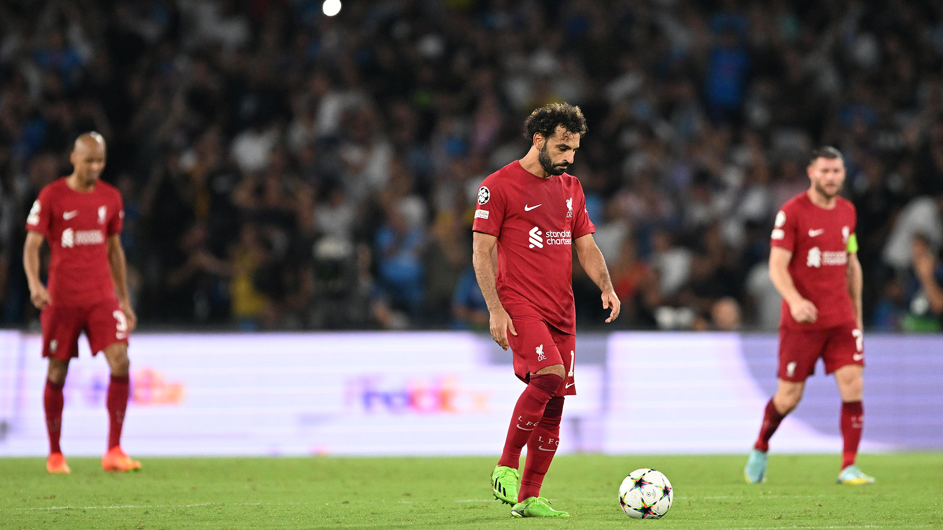Mohamed Salah of Liverpool looks dejected after Piotr Zielinski (not pictured) of SSC Napoli scores their team's fourth goal during the UEFA Champions League group A match between SSC Napoli and Liverpool FC at Stadio Diego Armando Maradona on September 07, 2022 in Naples, Italy.
