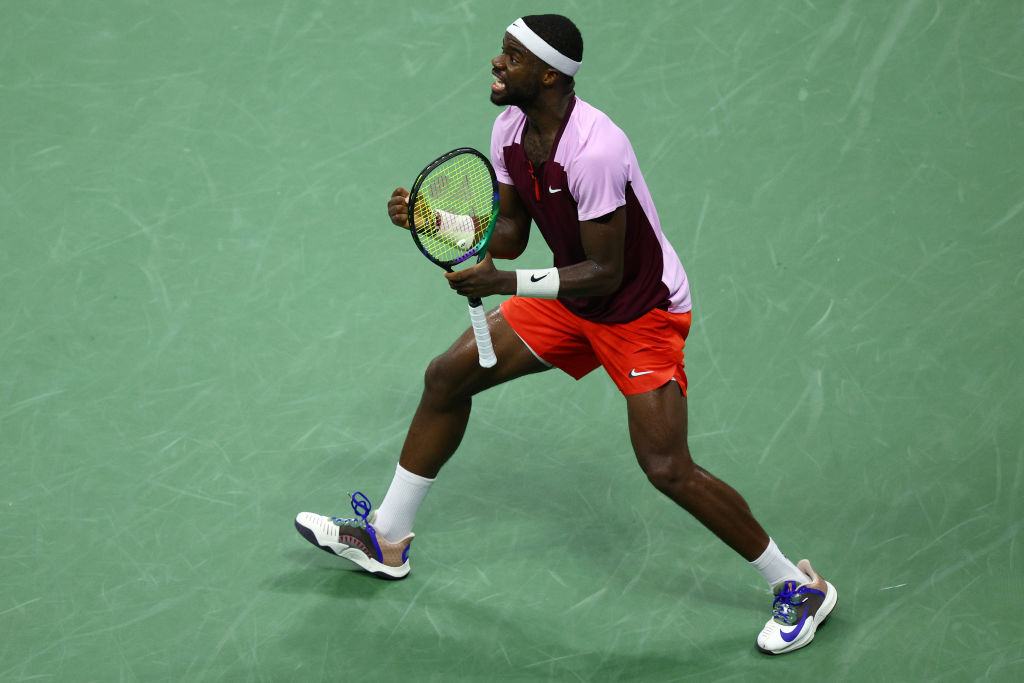 Frances Tiafoe celebrates a point in his U.S. Open semifinal against Carlos Alcaraz.