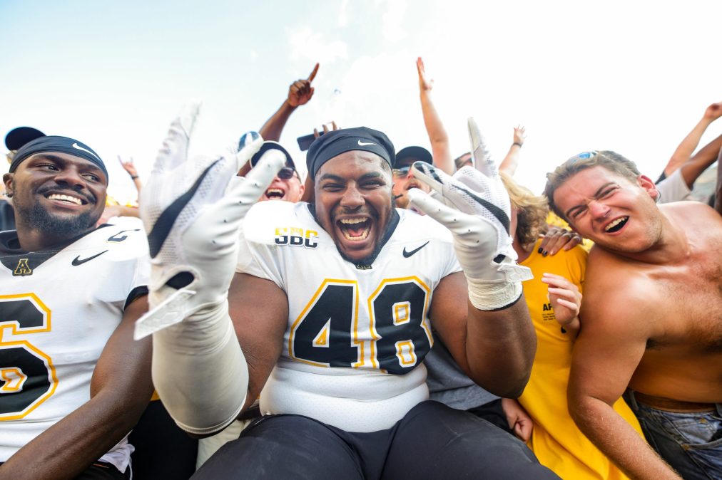 Deshawn McKnight #48 of the Appalachian State Mountaineers celebrates defeating the Texas A&amp;M Aggies at Kyle Field on September 10, 2022 in College Station, Texas.