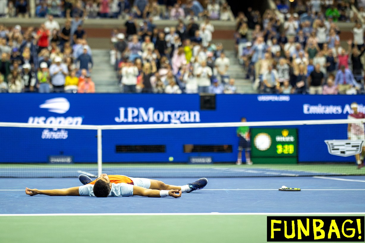 NEW YORK, USA, September 11: Carlos Alcaraz of Spain falls to the court at match point as he celebrates his victory against Casper Ruud of Norway in the Men's Singles Final match on Arthur Ashe Stadium during the US Open Tennis Championship 2022 at the USTA National Tennis Centre on September 11th 2022 in Flushing, Queens, New York City. (Photo by Tim Clayton/Corbis via Getty Images)