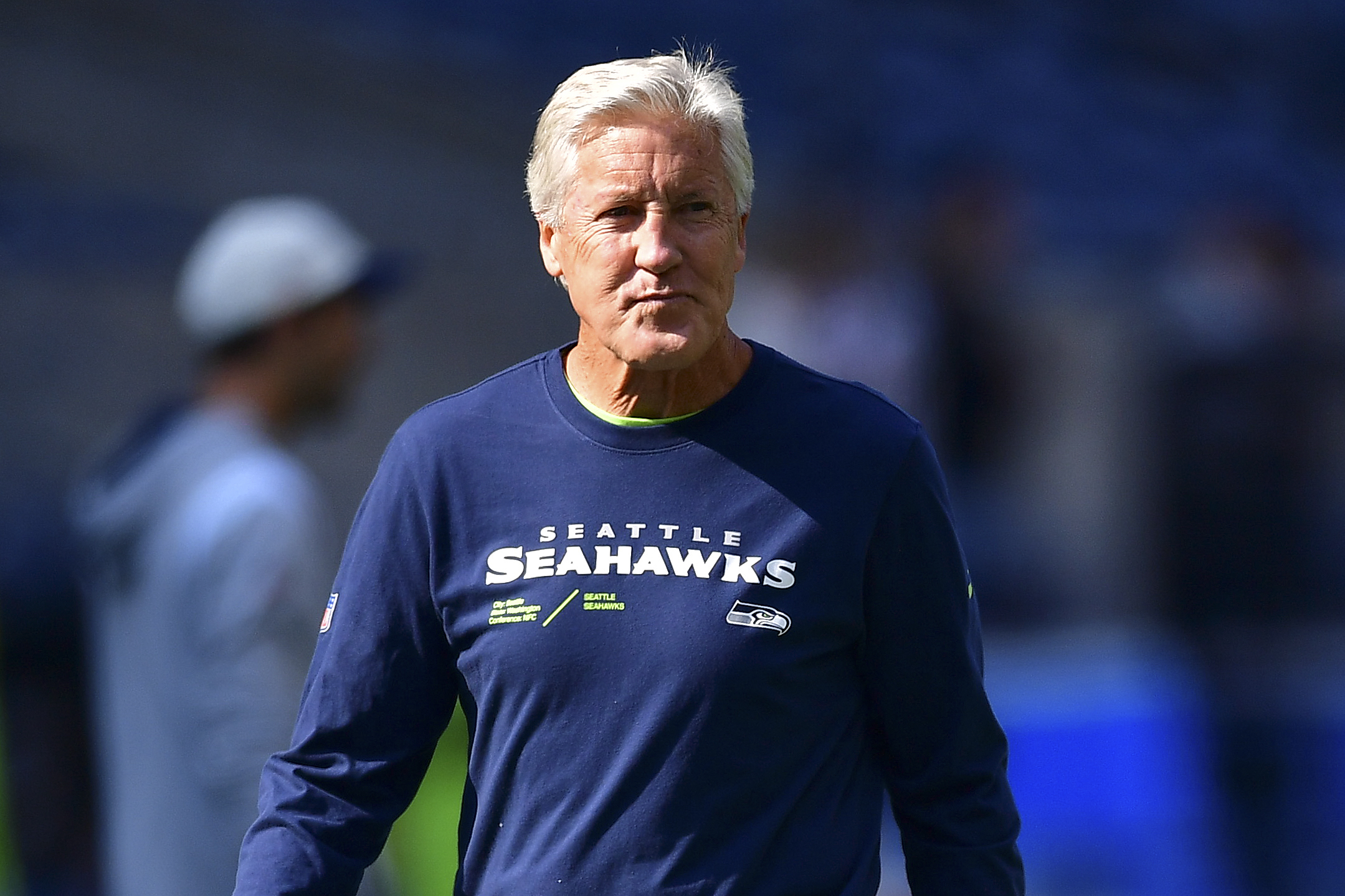 SEATTLE, WASHINGTON - SEPTEMBER 12: Head coach Pete Carroll of the Seattle Seahawks looks on before a game against the Denver Broncos at Lumen Field on September 12, 2022 in Seattle, Washington. (Photo by Jane Gershovich/Getty Images)
