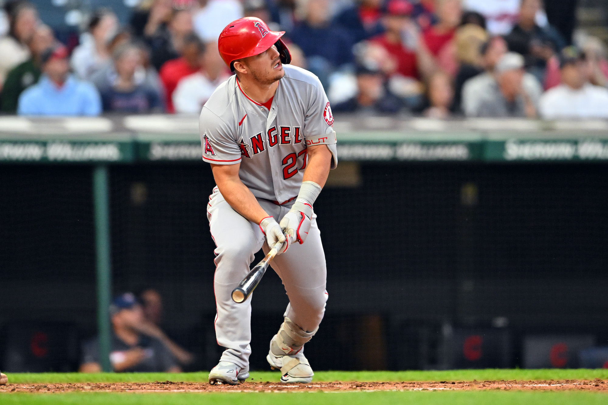 CLEVELAND, OHIO - SEPTEMBER 12: Mike Trout #27 of the Los Angeles Angels hits a two-run homer during the fifth inning against the Cleveland Guardians at Progressive Field on September 12, 2022 in Cleveland, Ohio. (Photo by Jason Miller/Getty Images)