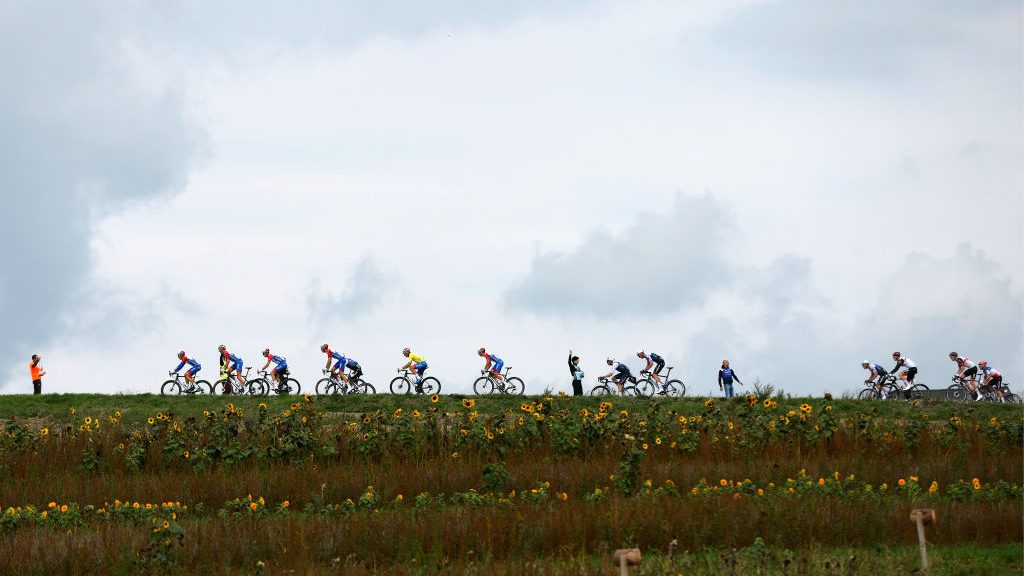 Tobias Ludvigsson of Sweden, Clement Davy of France, Lars Van Den Berg of Netherlands, Kevin Geniets of Luxembourg, Valentin Madouas of France and Team Groupama - FDJ - Yellow Leader Jersey and a general view of the peloton passing through the feed zone area during the 82nd Skoda Tour Luxembourg 2022, Stage 3 a 188,4km stage from Rosport to Diekirch on / #skodatour / September 15, 2022 in Diekirch, Luxembourg