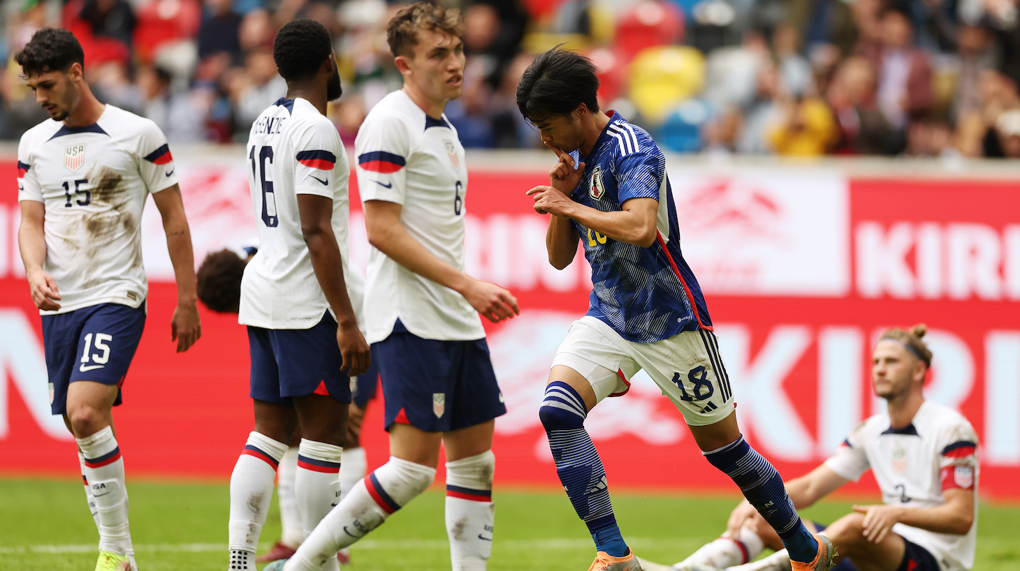 Kaoru Mitoma of Team Japan celebrates scoring their team's second goal during the International Friendly match between Japan and United States at Merkur Spiel-Arena on September 23, 2022 in Duesseldorf, Germany.