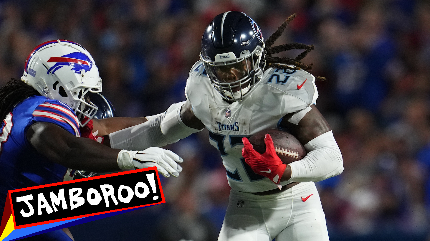 ORCHARD PARK, NY - SEPTEMBER 19: Derrick Henry #22 of the Tennessee Titans runs against the Buffalo Bills at Highmark Stadium on September 19, 2022 in Orchard Park, New York. (Photo by Cooper Neill/Getty Images)
