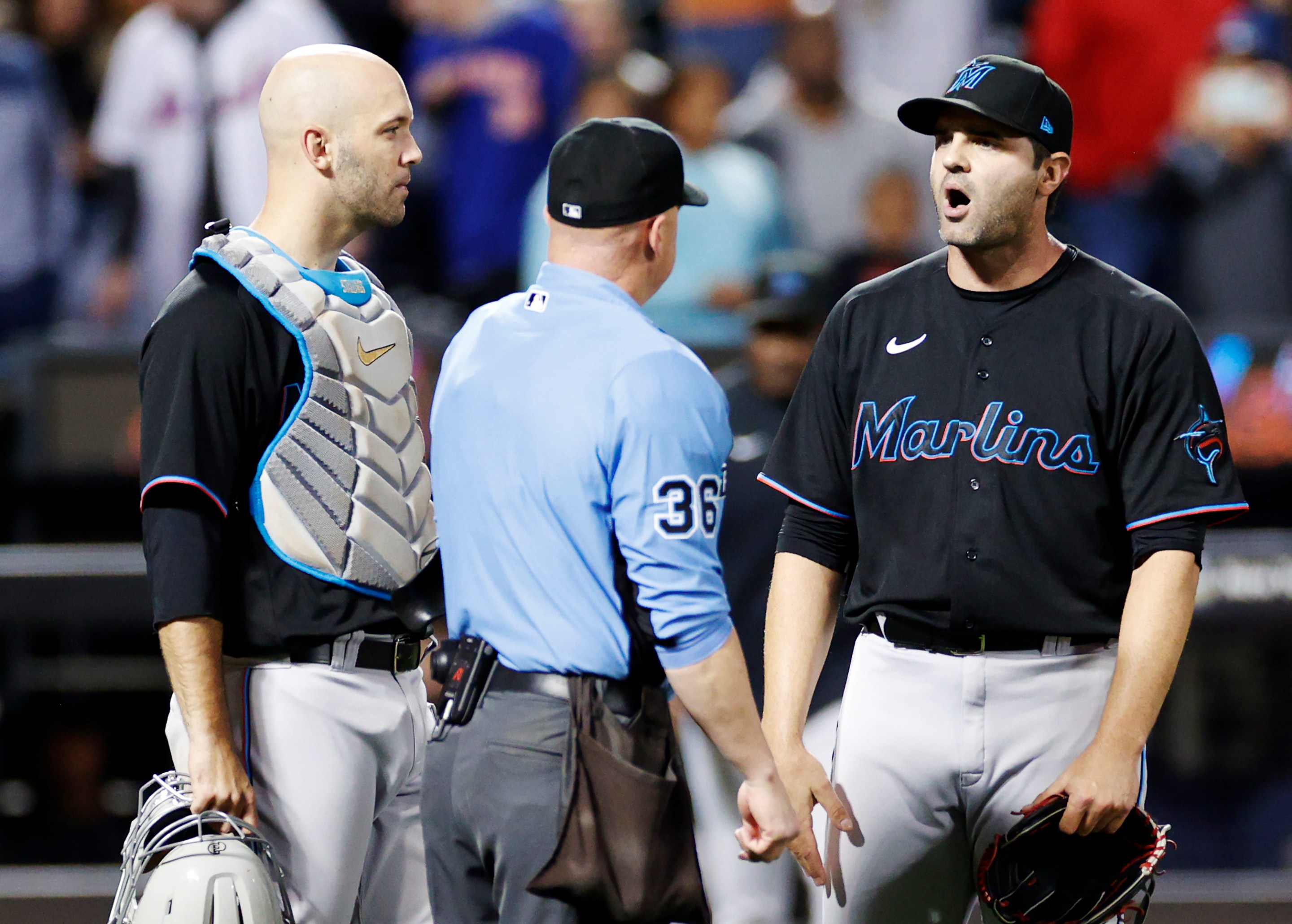 Marlins reliever Richard Bleier looking incredulous after being called for the last of three straight balks in a game against the Mets on September 27, 2022.