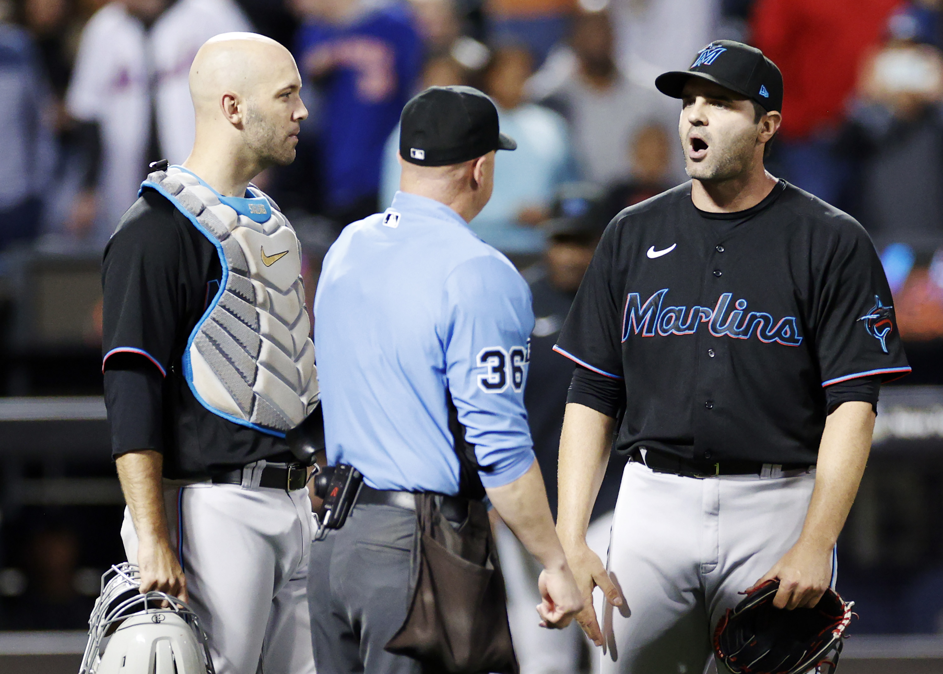 Marlins reliever Richard Bleier looking incredulous after being called for the last of three straight balks in a game against the Mets on September 27, 2022.