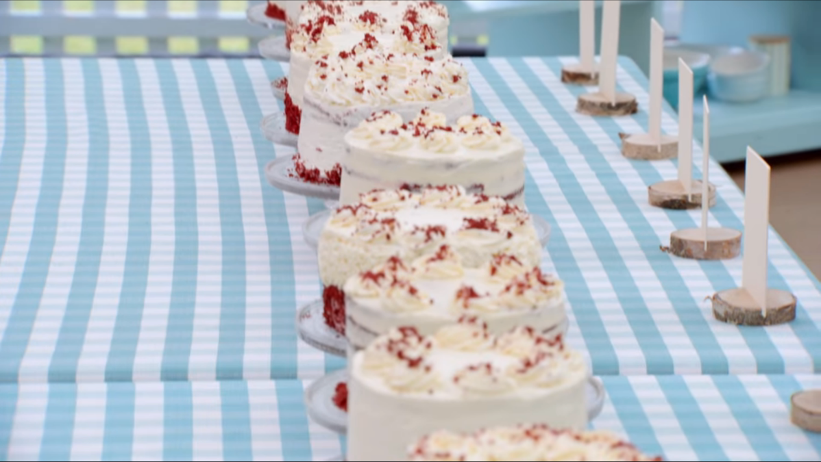 a row of red velvet cakes made according to Paul Hollywood's recipe