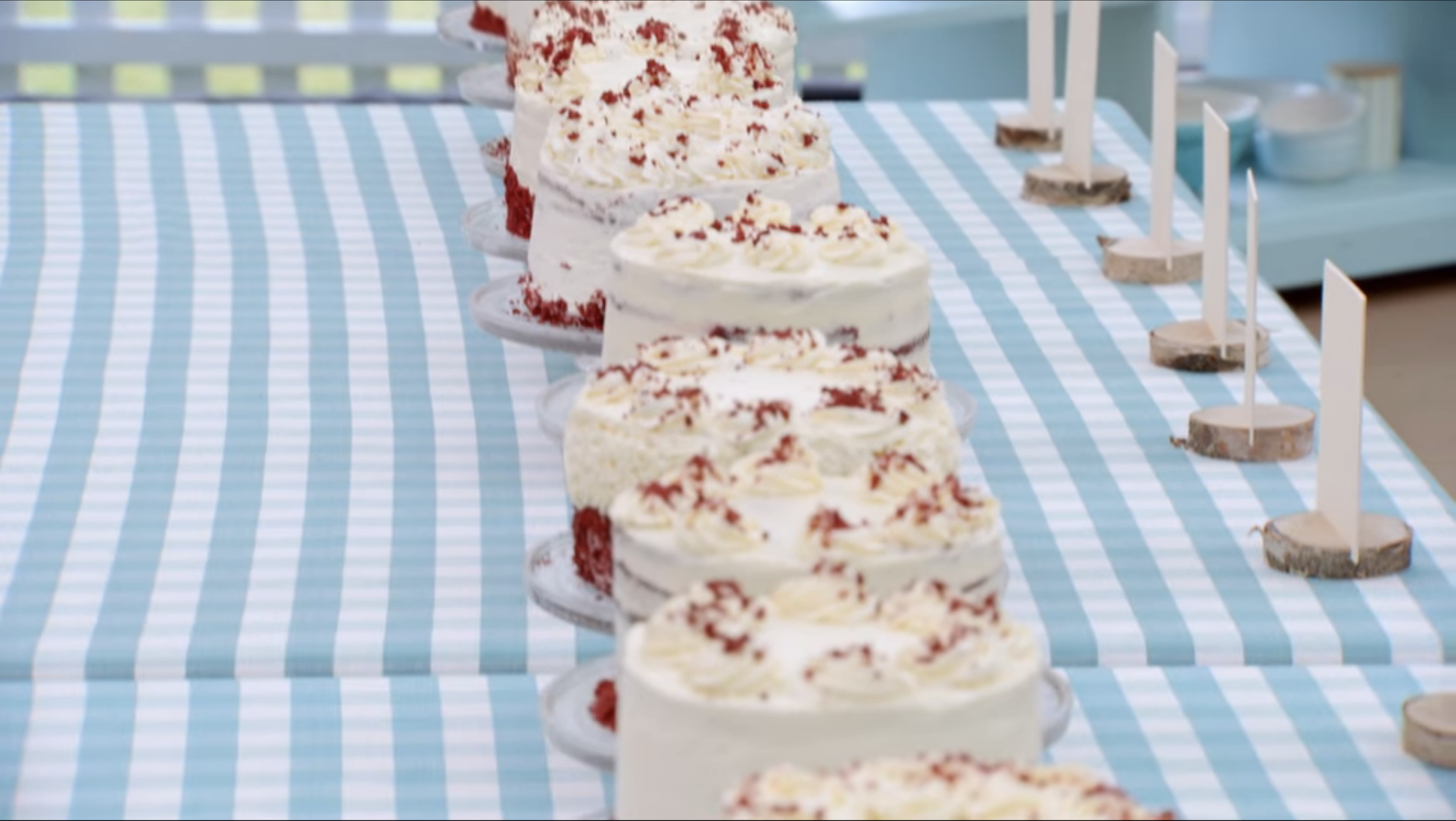 a row of red velvet cakes made according to Paul Hollywood's recipe