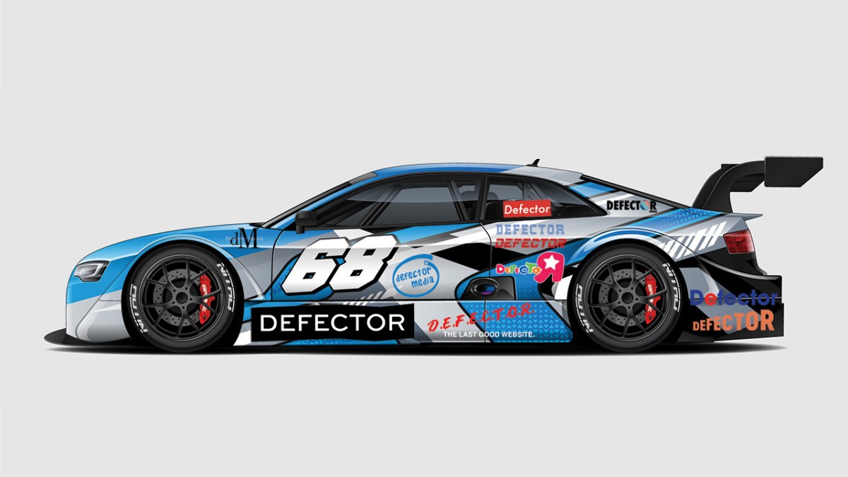 A Defector racecar with various Defector logos done in the style of somecorporate logos