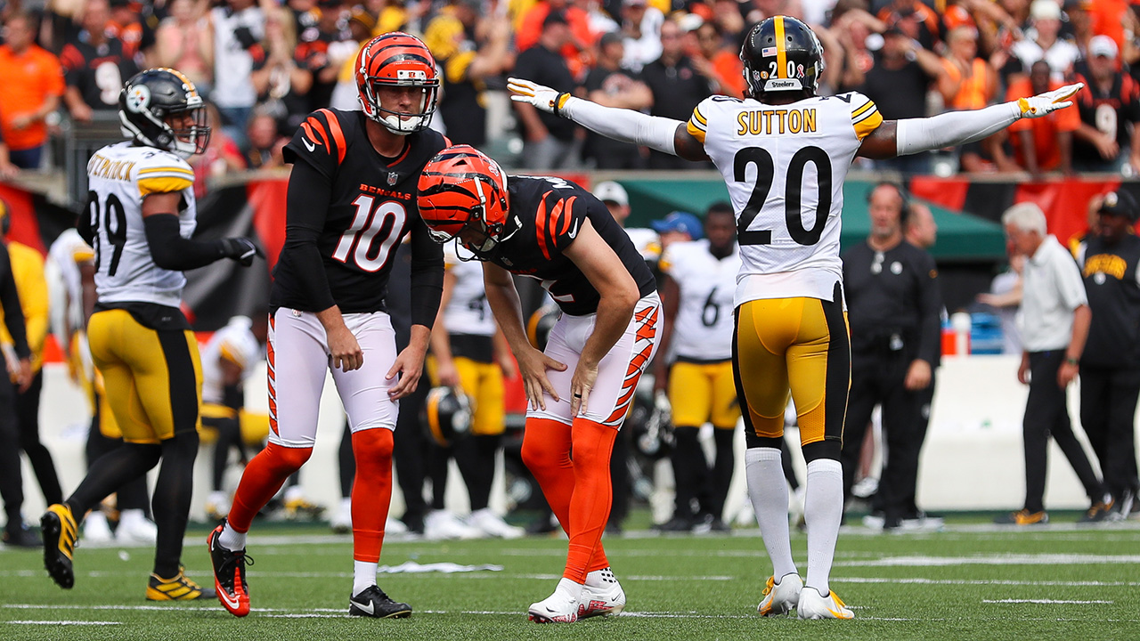 CINCINNATI, OH - SEPTEMBER 11: Cincinnati Bengals place kicker Evan McPherson (2) reacts after missing a field goal in overtime during the game against the Pittsburgh Steelers and the Cincinnati Bengals on September 11, 2022, at Paycor Stadium in Cincinnati, OH. (Photo by Ian Johnson/Icon Sportswire via Getty Images