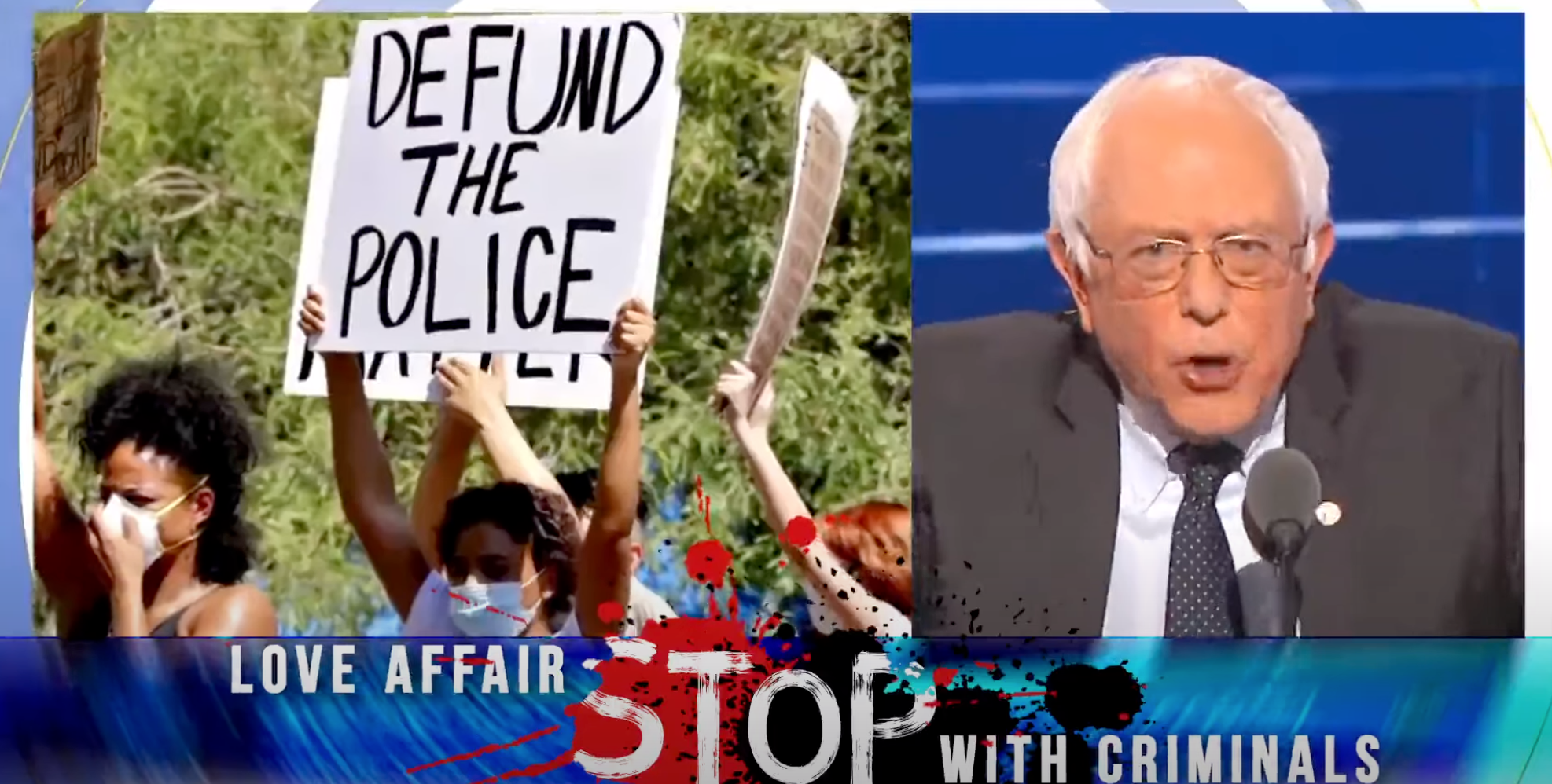 A still image from the Citizens For Sanity ads that ran during the MLB Playoffs, this one juxtaposing Bernie Sanders and words accusing him of having a love affair with violent criminals.