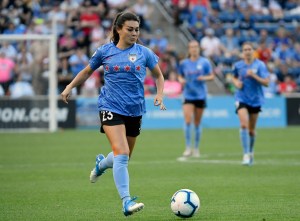 Brooke Elby #23 of Chicago Red Stars dribbles with the ball against the North Carolina Courage at SeatGeek Stadium on July 21, 2019 in Bridgeview, Illinois.