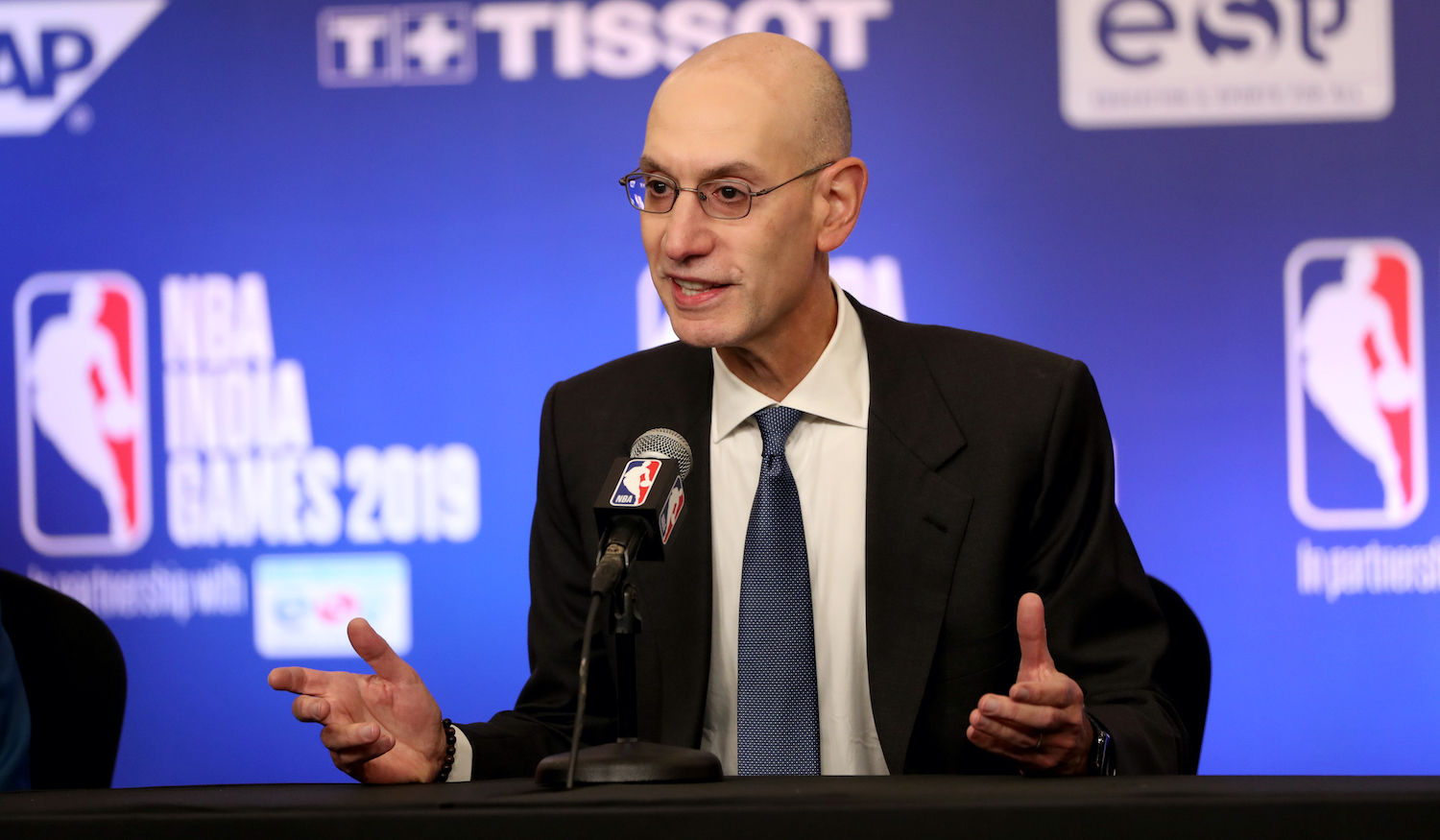 MUMBAI, INDIA - OCTOBER 4: NBA Commissioner Adam Silver speaks to the media prior to the game at the NCSI Dome on October 4, 2019 in Mumbai, India. NOTE TO USER: User expressly acknowledges and agrees that, By downloading and or using this Photograph, user is consenting to the terms and conditions of the Getty Images License Agreement. Mandatory Copyright Notice: Copyright 2019 NBAE (Photo by Joe Murphy/NBAE via Getty Images)