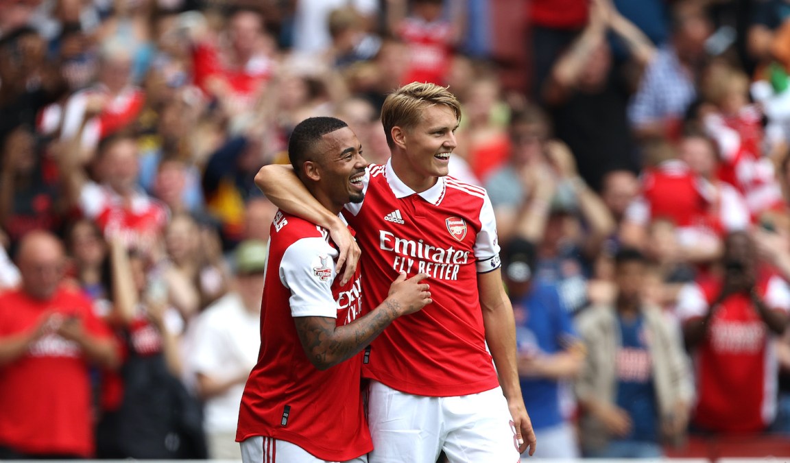 LONDON, ENGLAND - JULY 30: Gabriel Jesus of Arsenal celebrates scoring their 3rd goal with Martin Odegaard during Pre-Season Friendly, The Emirates Cup match between Arsenal and Sevilla at Emirates Stadium on July 30, 2022 in London, England. (Photo by Charlotte Wilson/Offside/Offside via Getty Images)