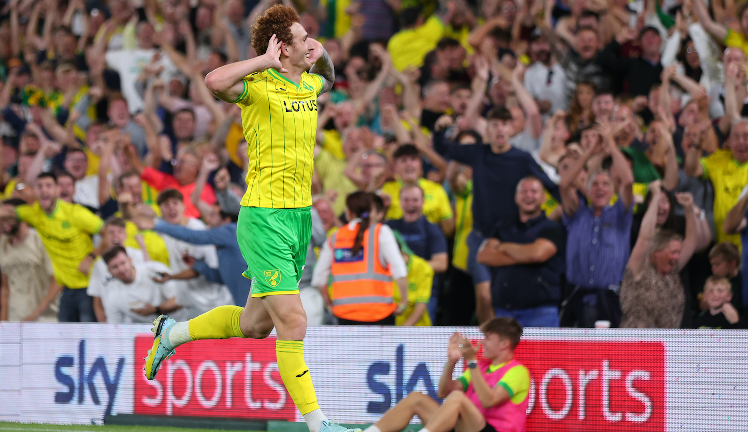 NORWICH, ENGLAND - AUGUST 19: Josh Sargent of Norwich City celebrates scoring the opening goal during the Sky Bet Championship between Norwich City and Millwall at Carrow Road on August 19, 2022 in Norwich, United Kingdom. (Photo by Marc Atkins/Getty Images)