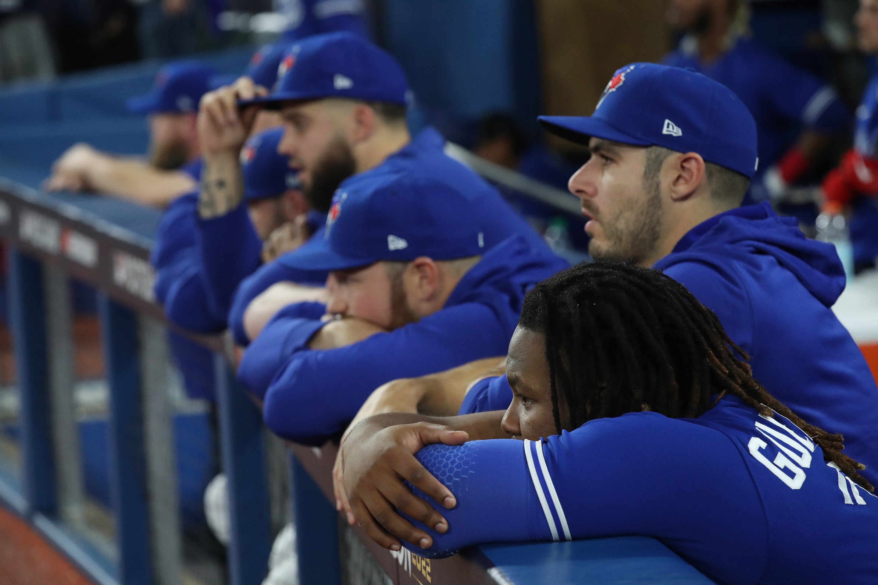 Toronto Blue Jays first baseman Vladimir Guerrero Jr. (27) watches the Seattle Mariners celebrate as the Toronto Blue Jays fall to the Seattle Mariners 10-9 in game two losing their American League Wild Card series at Rogers Centre in Toronto. October 8, 2022.