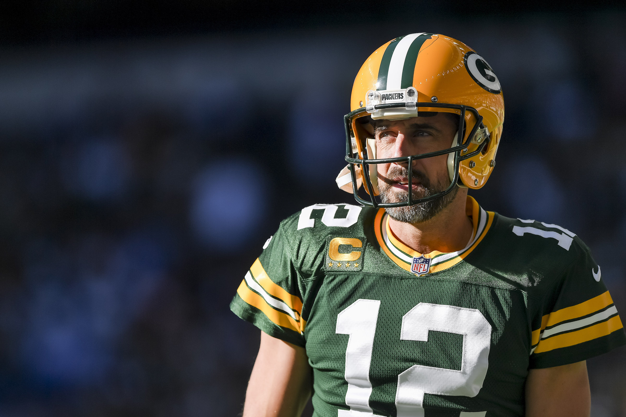 LONDON, ENGLAND - OCTOBER 09: Aaron Rodgers of Green Bay Packers looks on during the NFL match between New York Giants and Green Bay Packers at Tottenham Hotspur Stadium on October 9, 2022 in London, England. (Photo by Vincent Mignott/DeFodi Images via Getty Images)