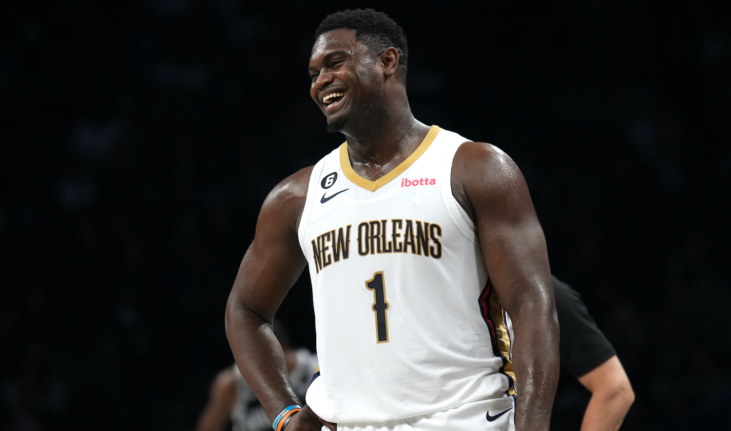 BROOKLYN, NY - OCTOBER 19: Zion Williamson #1 of the New Orleans Pelicans smiles during the game against the Brooklyn Nets on October 19, 2022 at Barclays Center in Brooklyn, New York. NOTE TO USER: User expressly acknowledges and agrees that, by downloading and or using this Photograph, user is consenting to the terms and conditions of the Getty Images License Agreement. Mandatory Copyright Notice: Copyright 2022 NBAE (Photo by Jesse D. Garrabrant/NBAE via Getty Images)