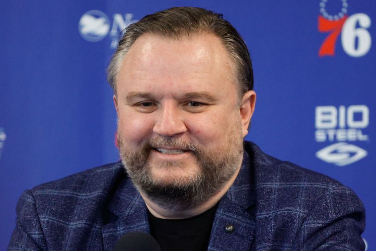 Daryl Morey smiles at a Sixers press conference.