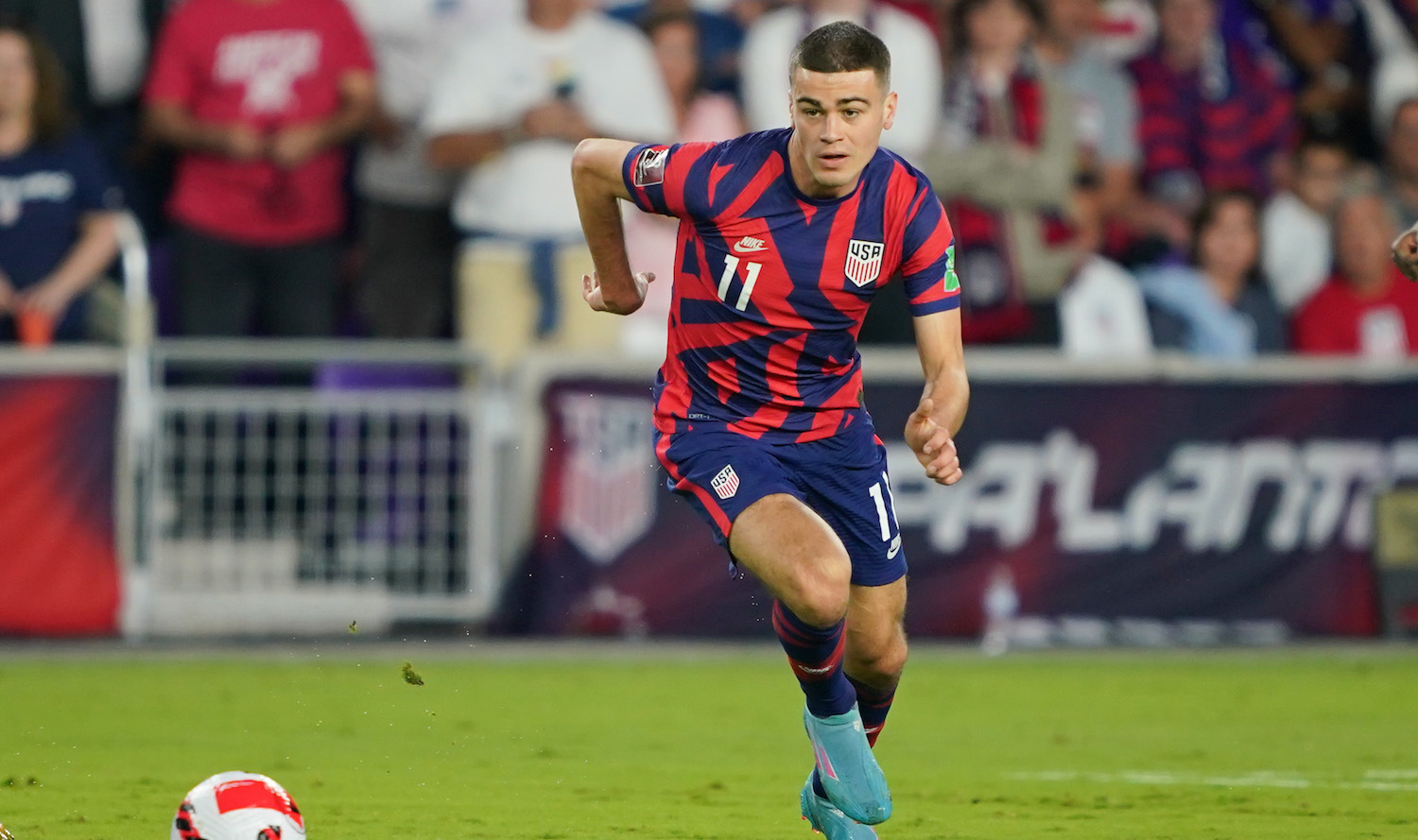 ORLANDO, FL - MARCH 27: Giovanni Reyna #11 of the United States moves towards the box during a FIFA World Cup qualifier game between Panama and USMNT at Exploria Stadium on March 27, 2022 in Orlando, Florida. (Photo by John Todd/ISI Photos/Getty Images)