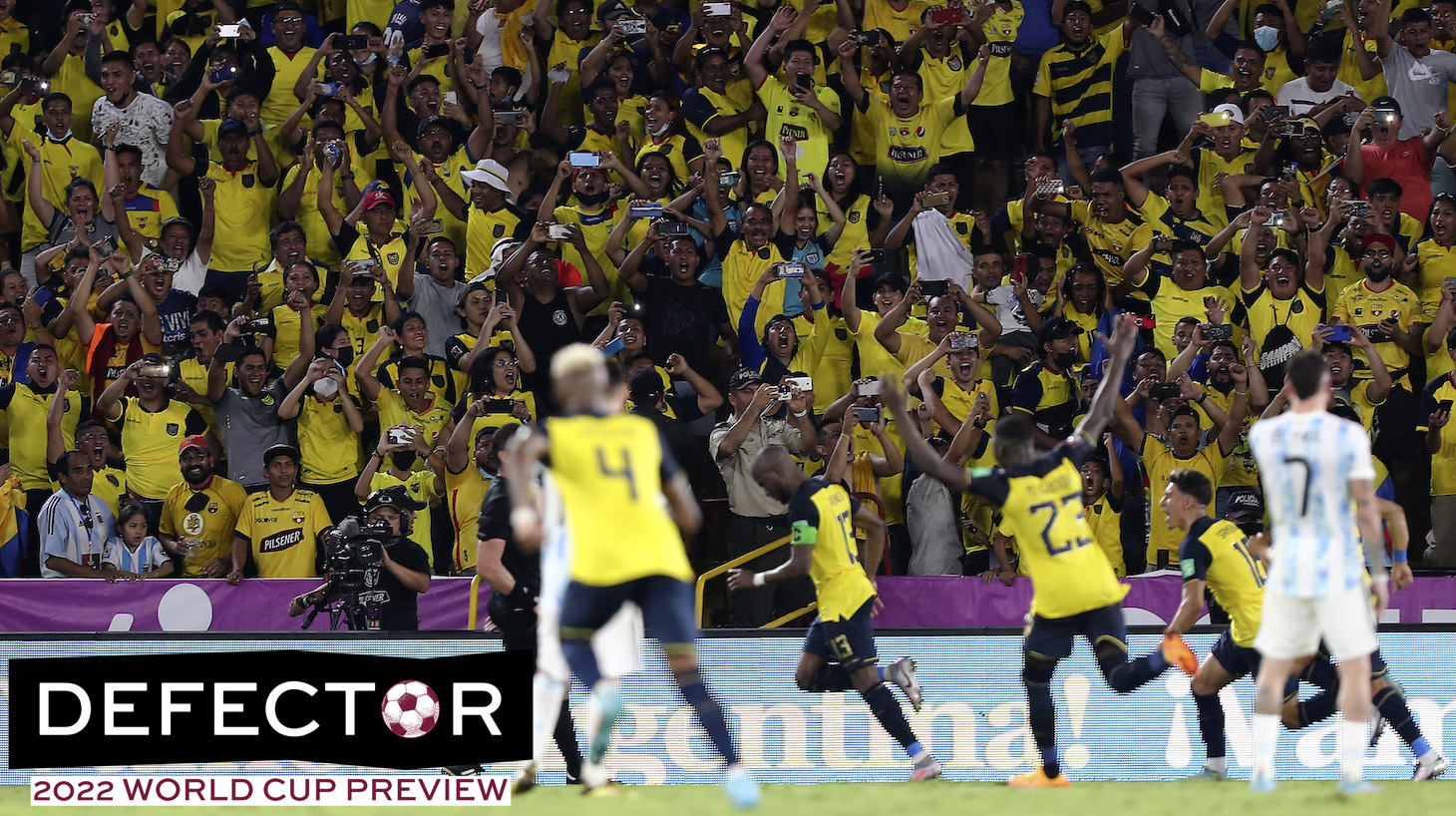 Fans celebrate the tying goal scored by Enner Valencia of Ecuador during the FIFA World Cup Qatar 2022 qualification match between Ecuador and Argentina at Estadio Monumental on March 29, 2022 in Guayaquil, Ecuador.