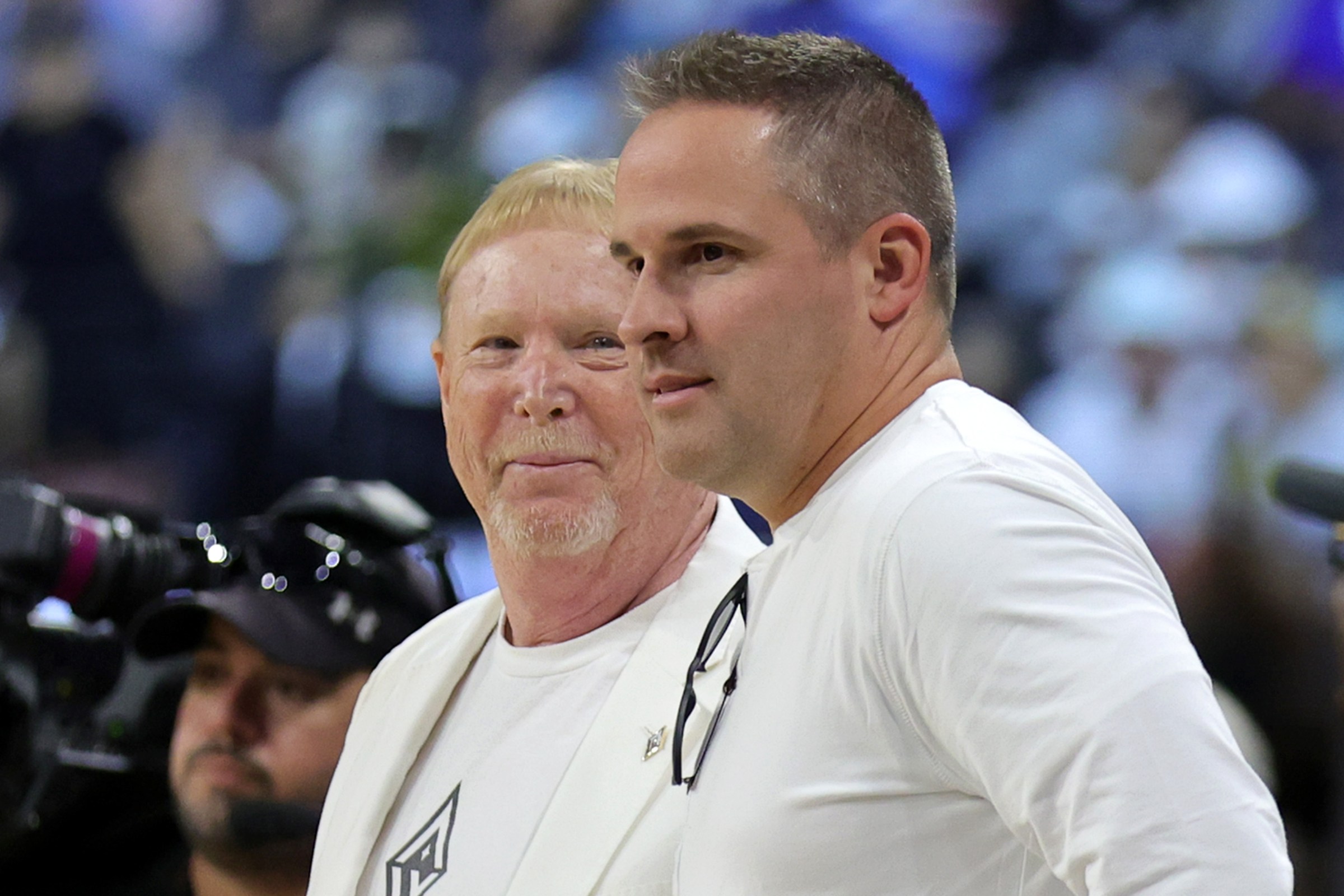 LAS VEGAS, NEVADA - AUGUST 28: Las Vegas Raiders owner and managing general partner and Las Vegas Aces owner Mark Davis (L) and head coach Josh McDaniels of the Raiders attend Game One of the 2022 WNBA Playoffs semifinals between the Aces and the Seattle Storm at Michelob ULTRA Arena on August 28, 2022 in Las Vegas, Nevada. The Storm defeated the Aces 76-73. NOTE TO USER: User expressly acknowledges and agrees that, by downloading and or using this photograph, User is consenting to the terms and conditions of the Getty Images License Agreement. (Photo by Ethan Miller/Getty Images)