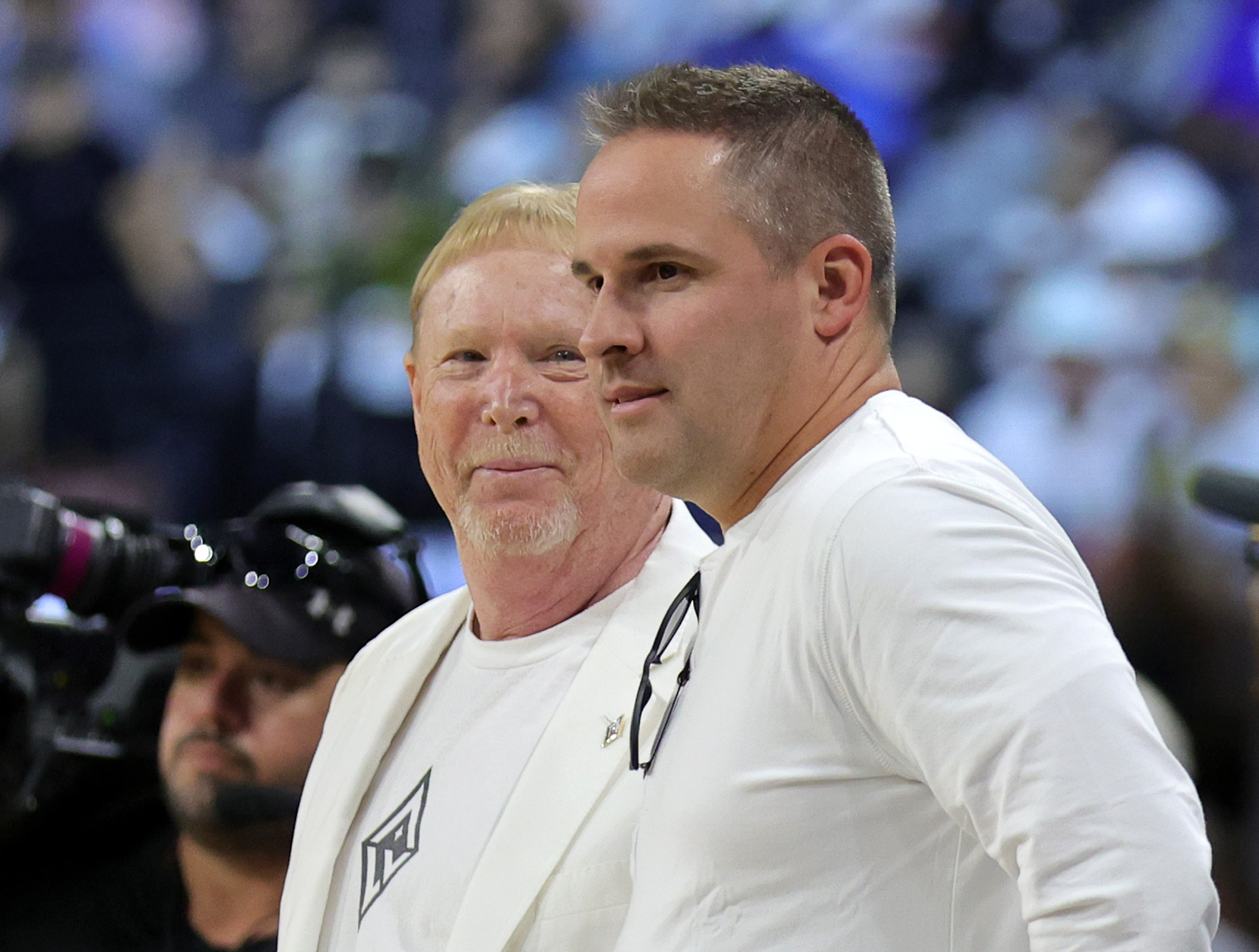 LAS VEGAS, NEVADA - AUGUST 28: Las Vegas Raiders owner and managing general partner and Las Vegas Aces owner Mark Davis (L) and head coach Josh McDaniels of the Raiders attend Game One of the 2022 WNBA Playoffs semifinals between the Aces and the Seattle Storm at Michelob ULTRA Arena on August 28, 2022 in Las Vegas, Nevada. The Storm defeated the Aces 76-73. NOTE TO USER: User expressly acknowledges and agrees that, by downloading and or using this photograph, User is consenting to the terms and conditions of the Getty Images License Agreement. (Photo by Ethan Miller/Getty Images)