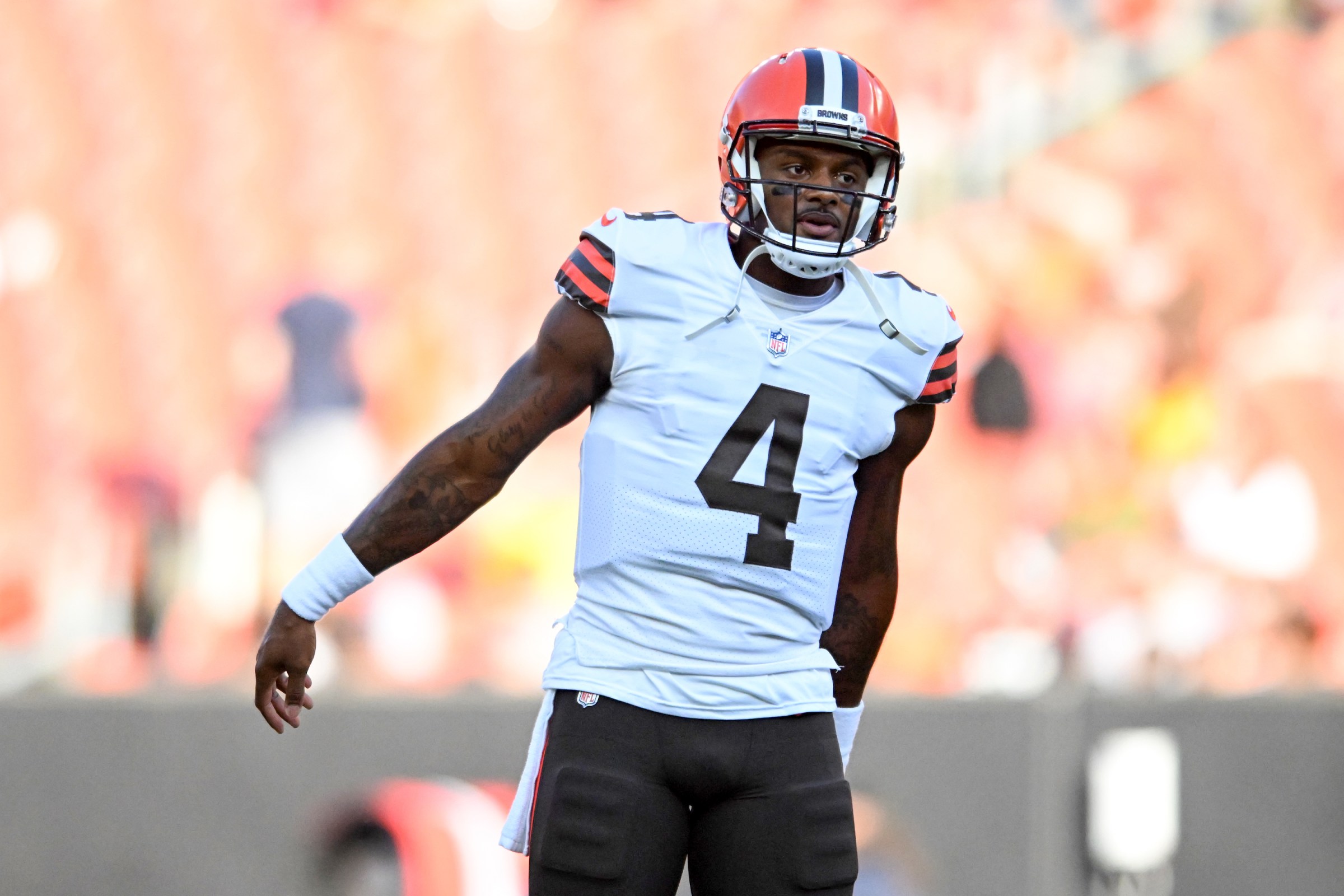 Deshaun Watson #4 of the Cleveland Browns warms up prior to a preseason game against the Chicago Bears at FirstEnergy Stadium on August 27, 2022 in Cleveland, Ohio.